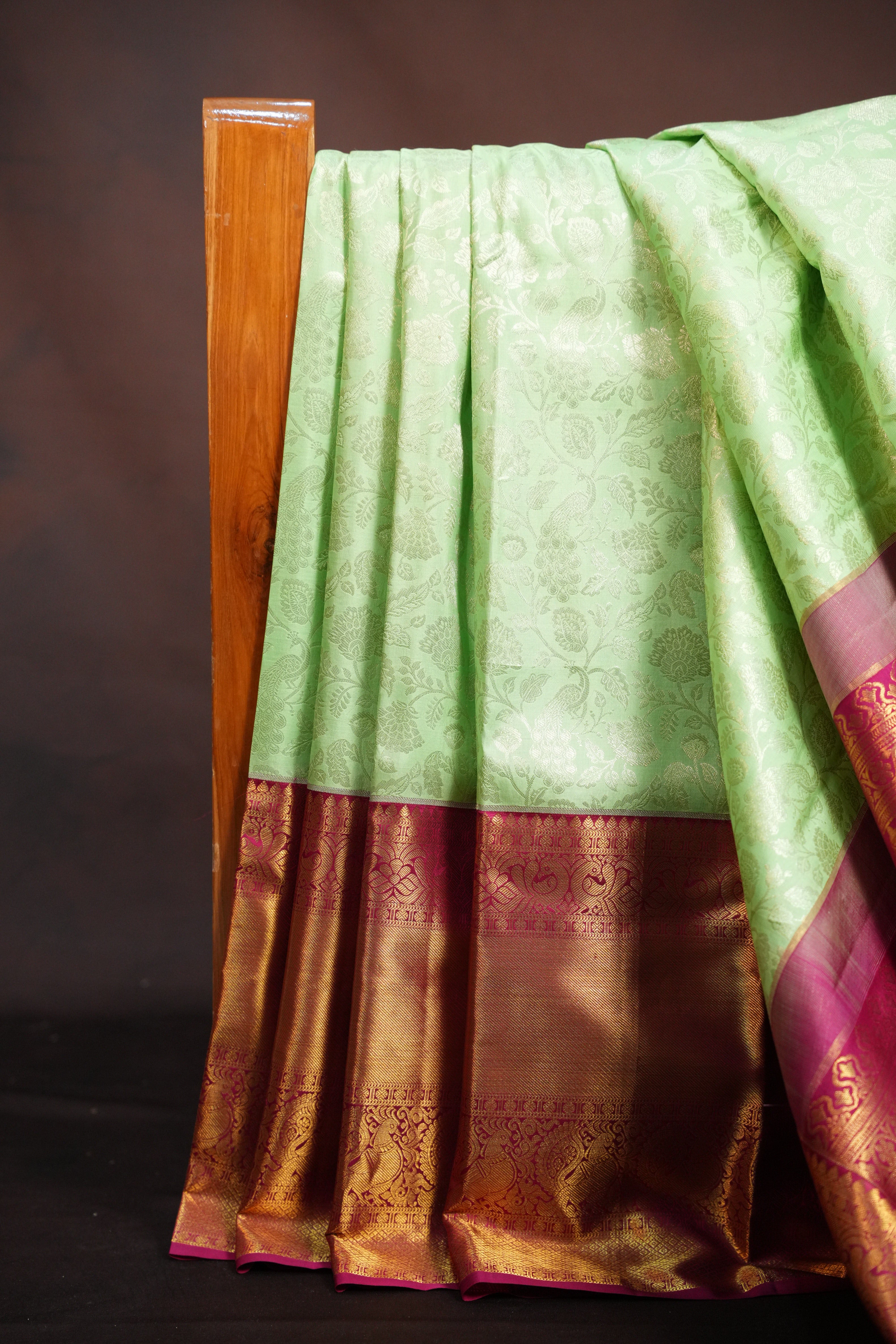 Mint Green Kanchi Pattu Saree with Pink Gold Zari Border