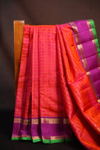 Orange Checks Kanchi Pattu Saree with Purple Border