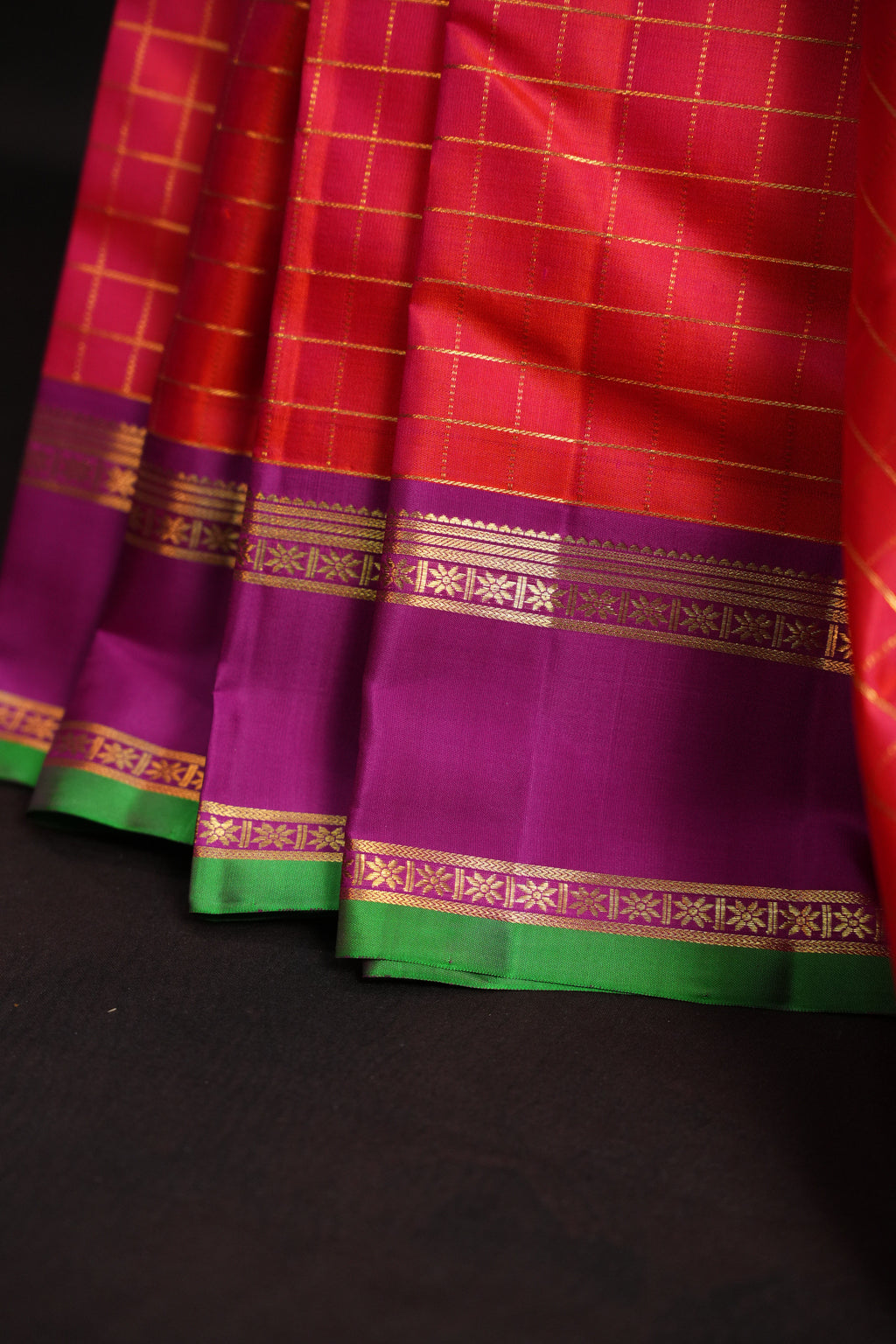 Orange Checks Kanchi Pattu Saree with Purple Border