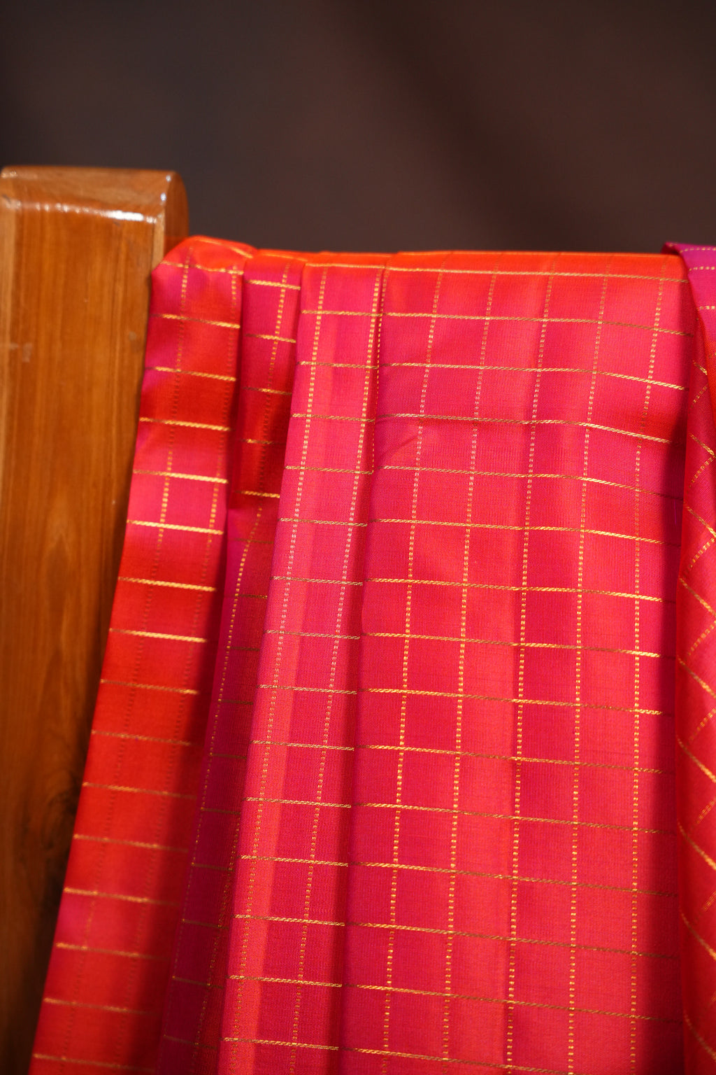 Orange Checks Kanchi Pattu Saree with Purple Border