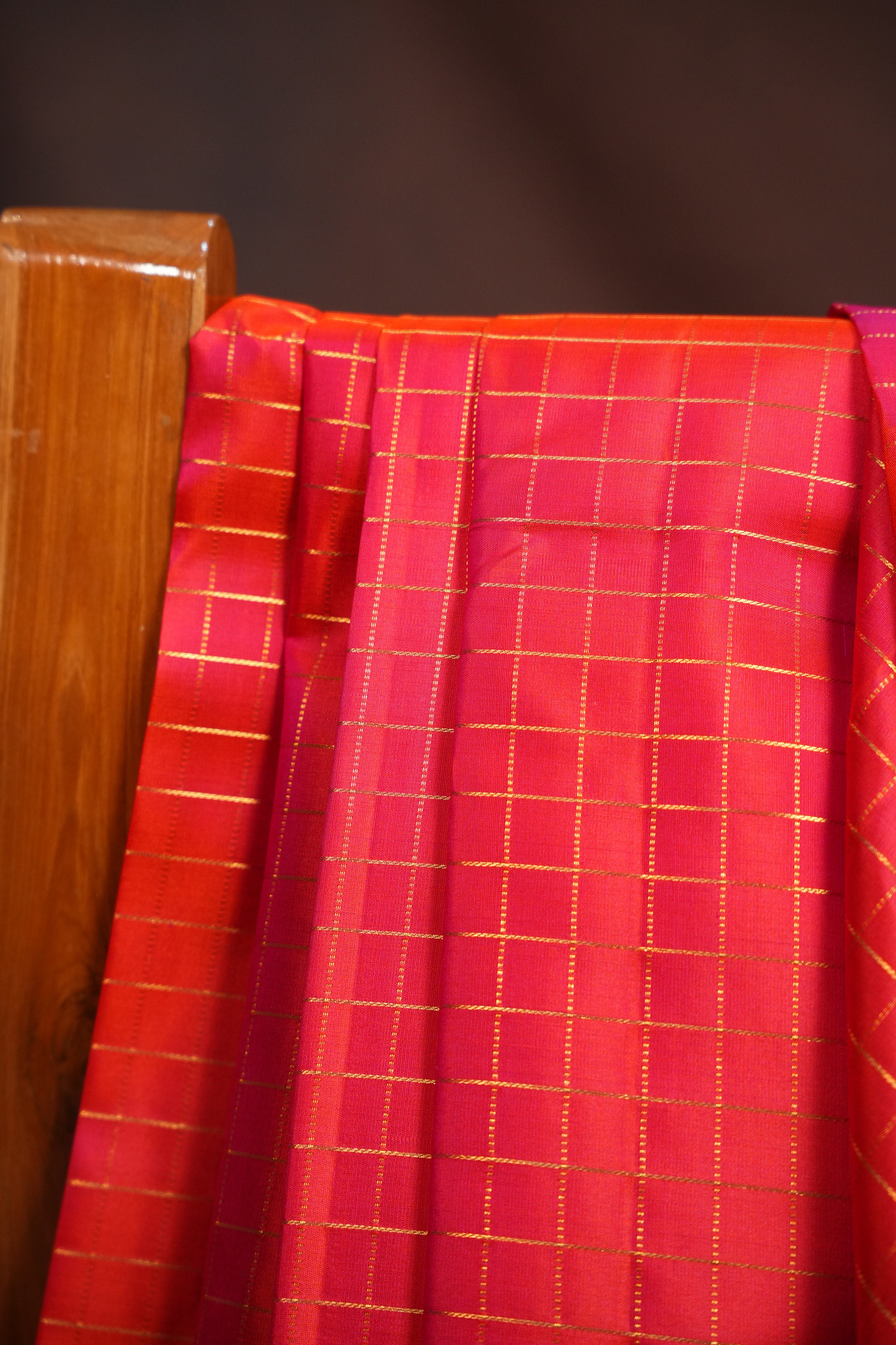 Orange Checks Kanchi Pattu Saree with Purple Border