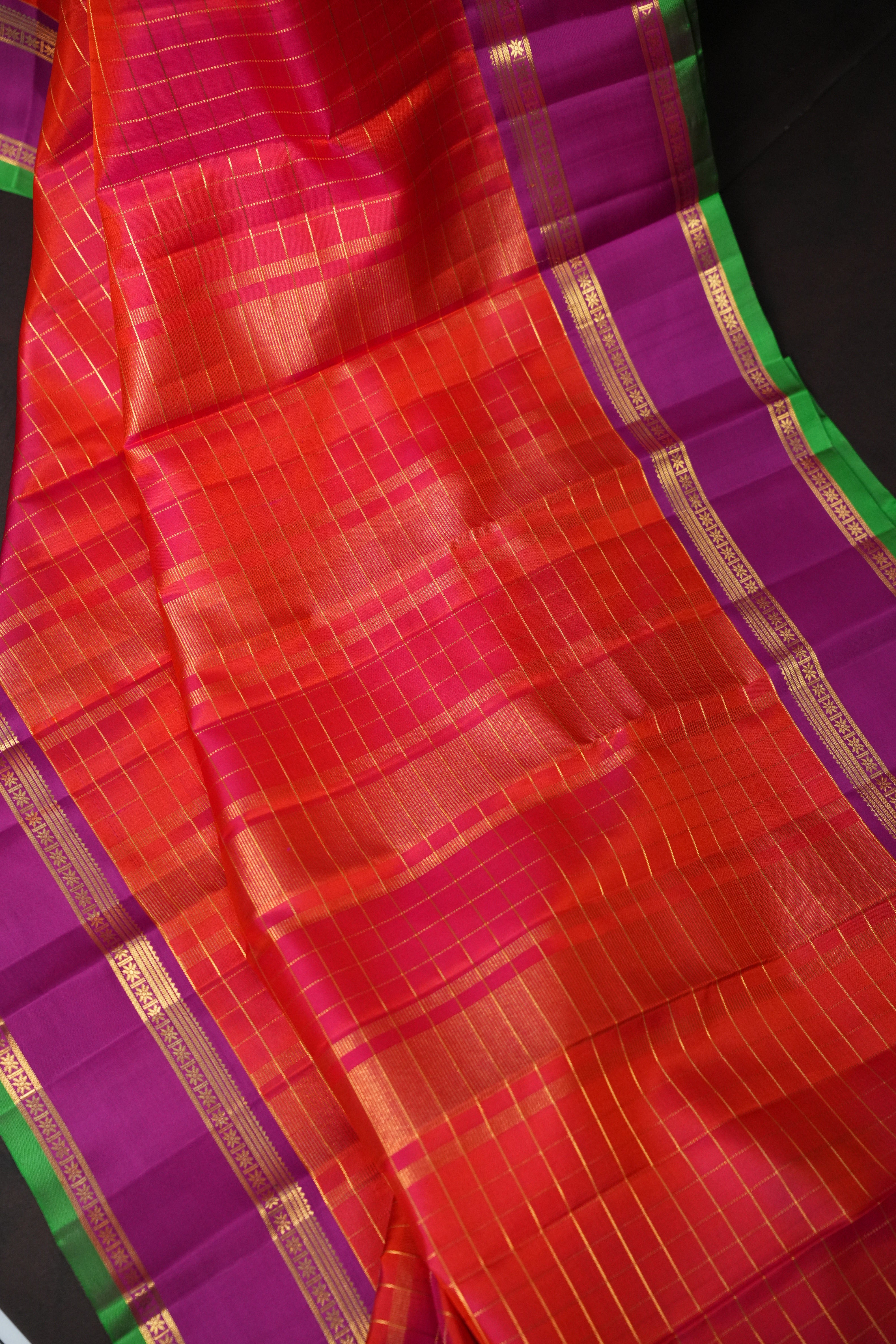 Orange Checks Kanchi Pattu Saree with Purple Border