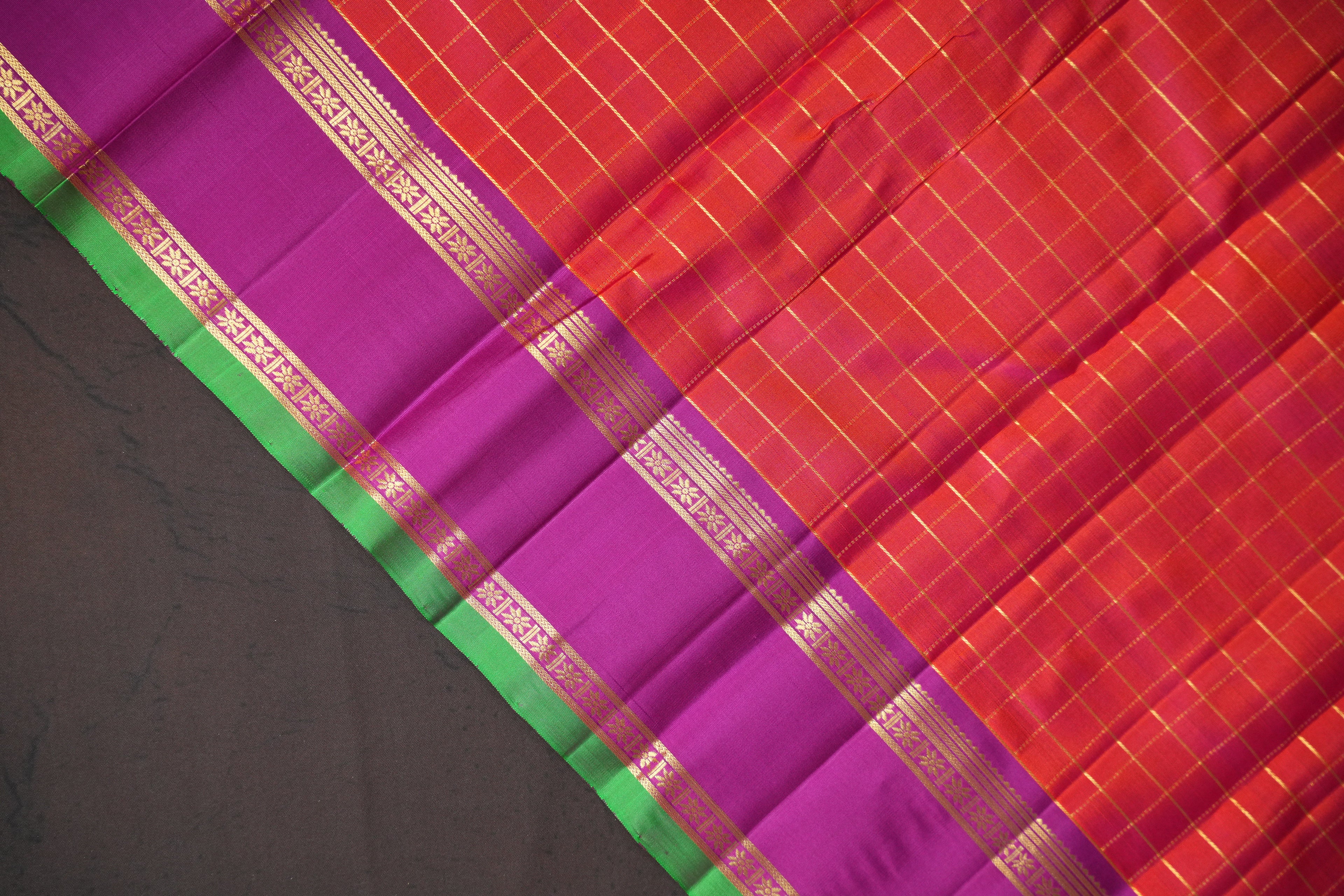 Orange Checks Kanchi Pattu Saree with Purple Border