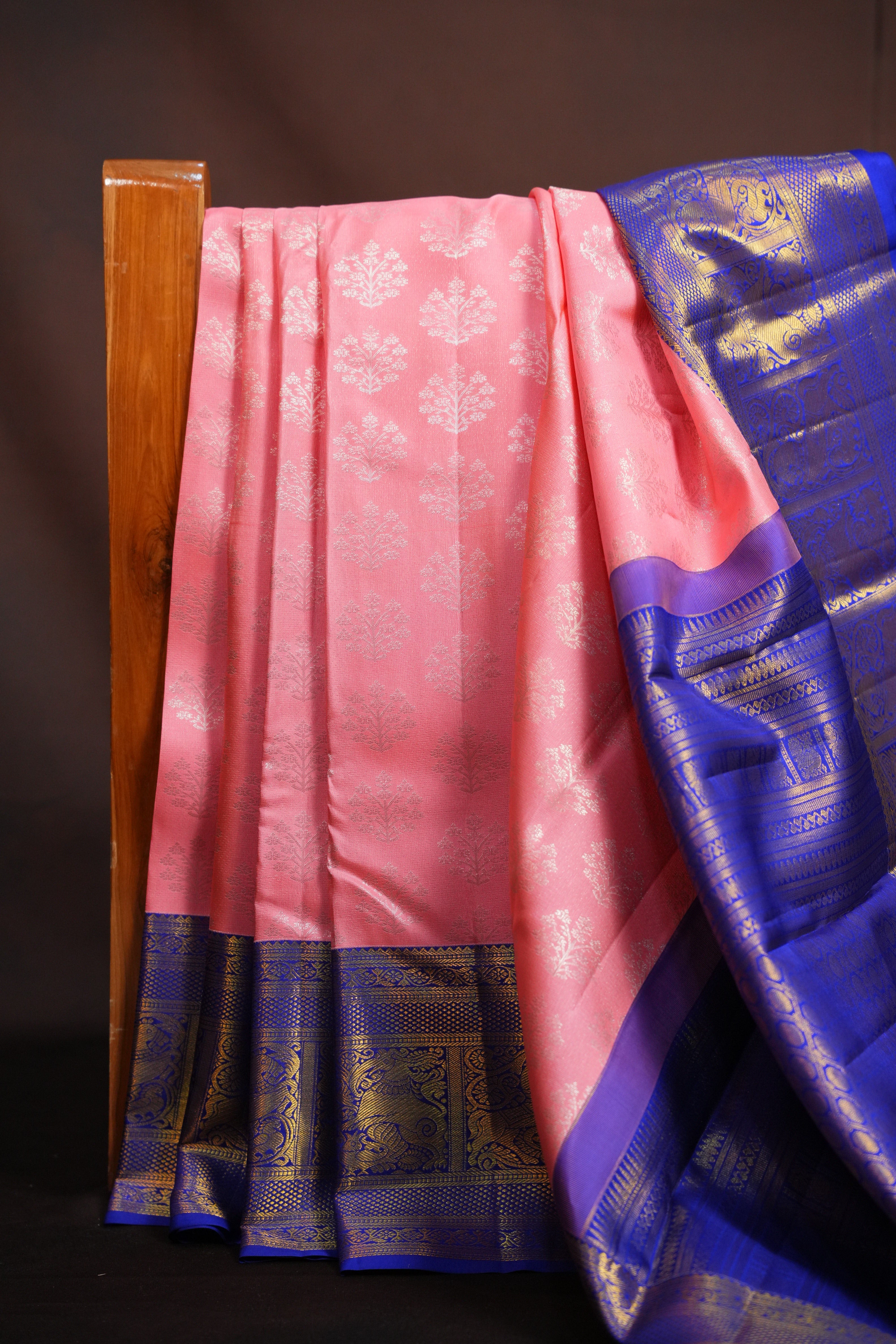 Baby Pink Kanchi Pattu Saree with Royal Blue Zari Border