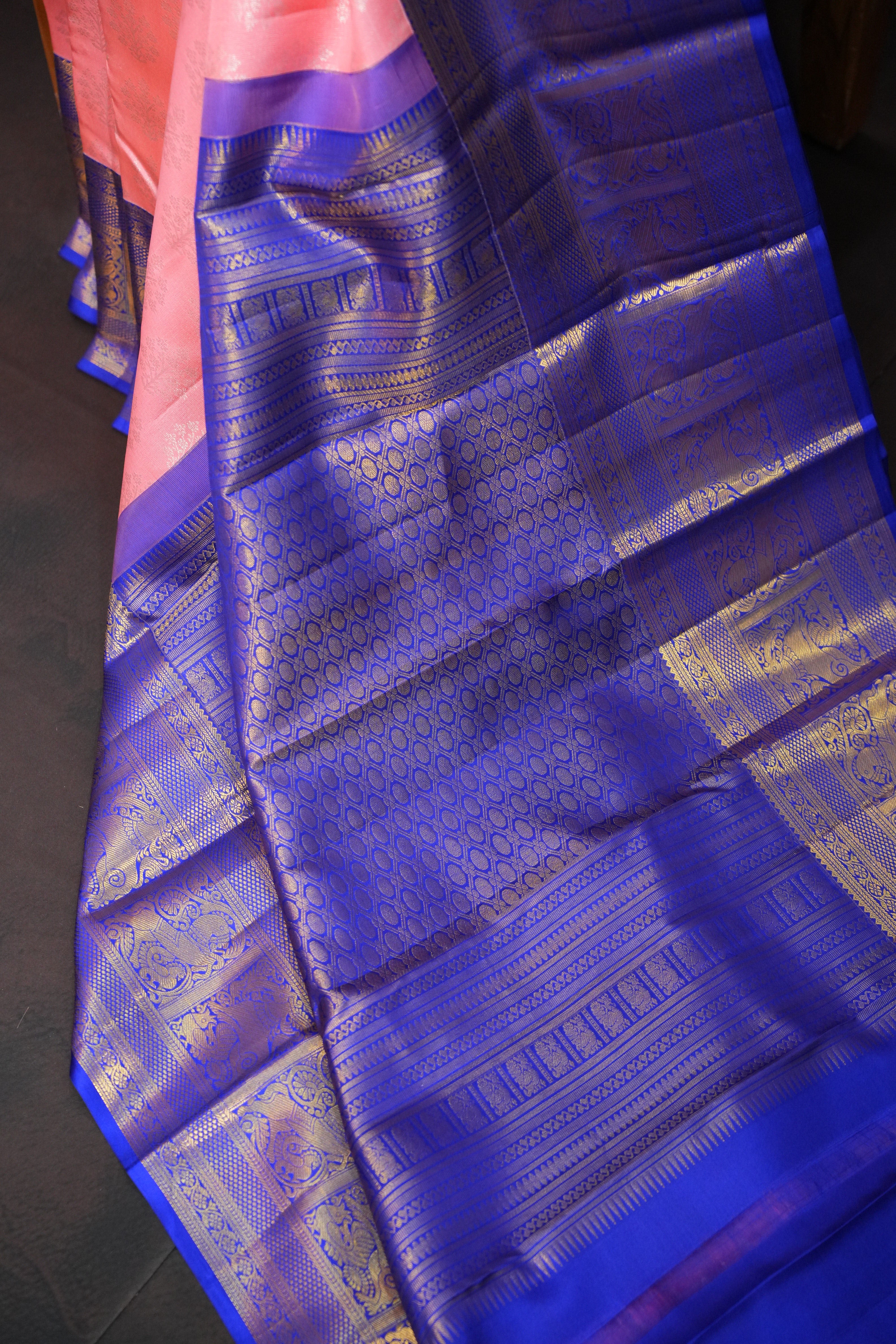 Baby Pink Kanchi Pattu Saree with Royal Blue Zari Border