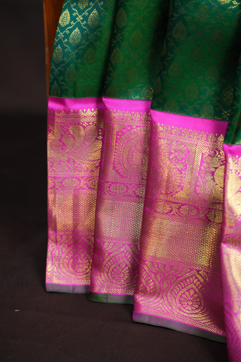 Green Kanchi Pattu Saree with Pink Zari Border