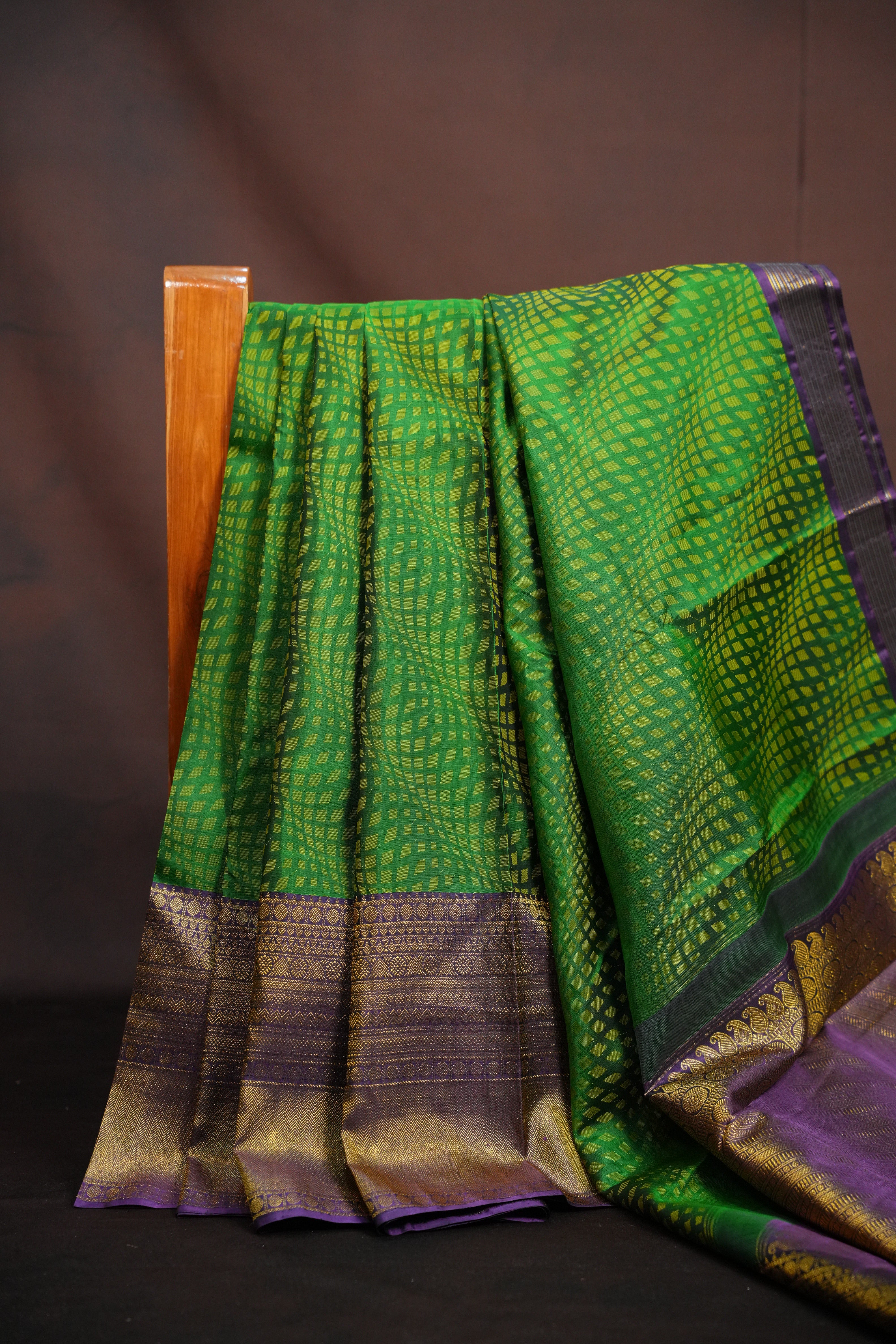Green Kanchi Pattu Saree with Purple Zari Border