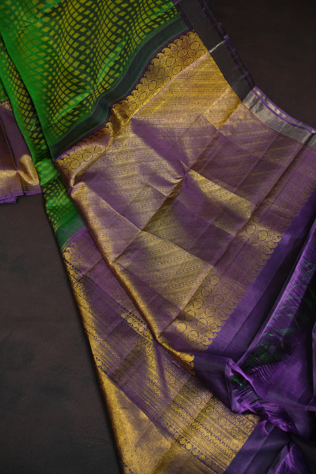 Green Kanchi Pattu Saree with Purple Zari Border