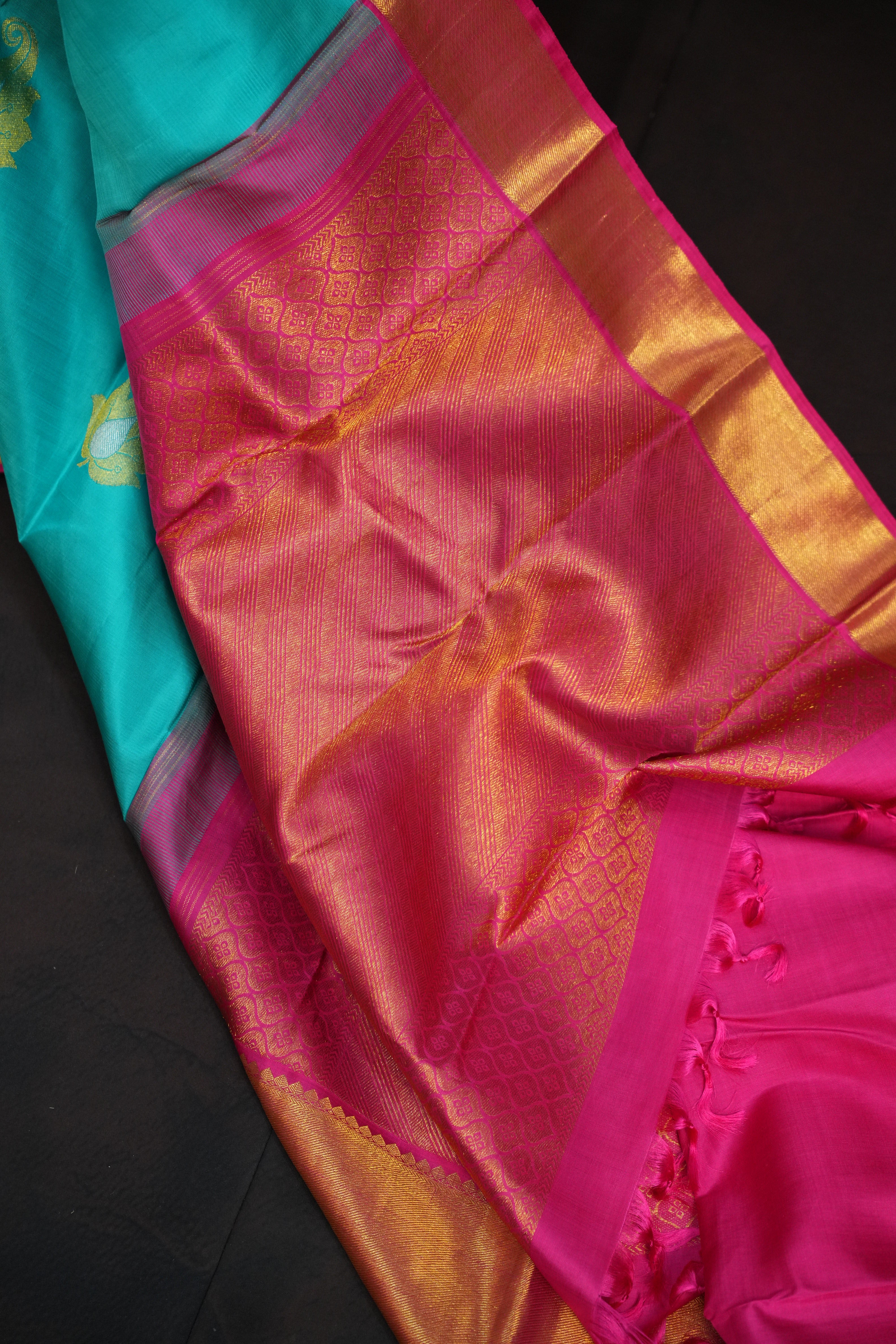 Turquoise Kanchi Pattu Saree with Pink Zari Border