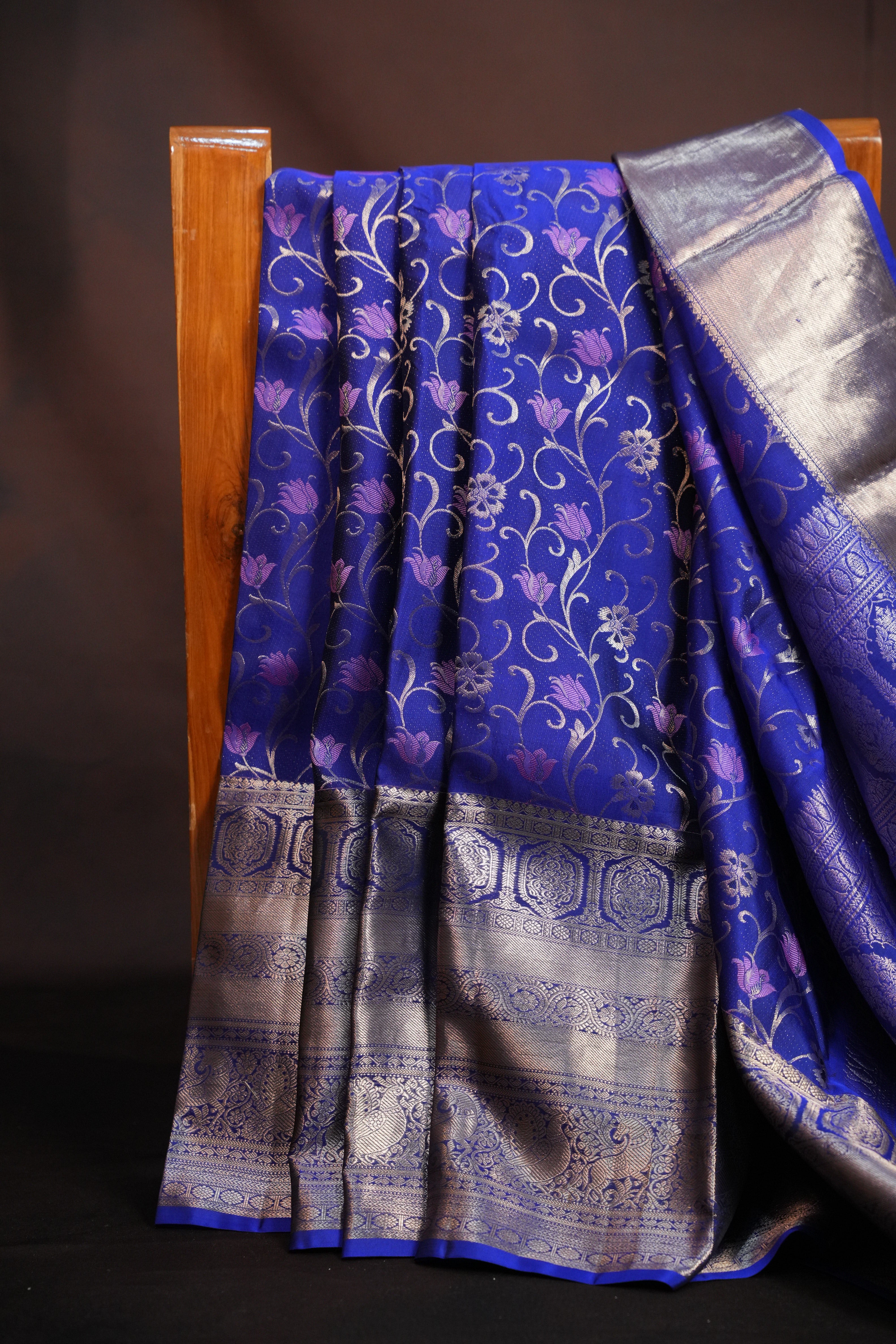 Royal Blue Kanchi Pattu Saree with Silver Zari Border