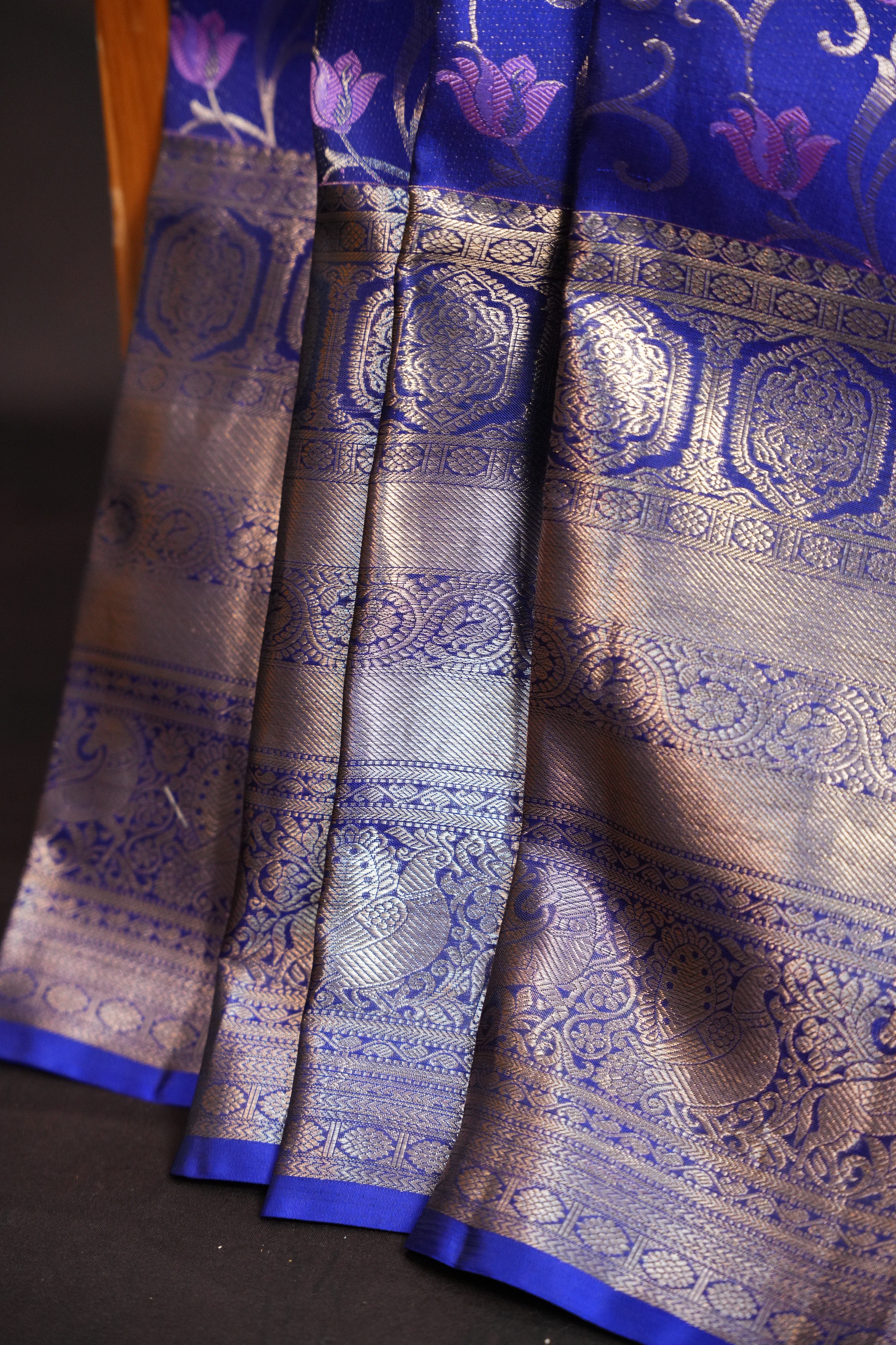 Royal Blue Kanchi Pattu Saree with Silver Zari Border