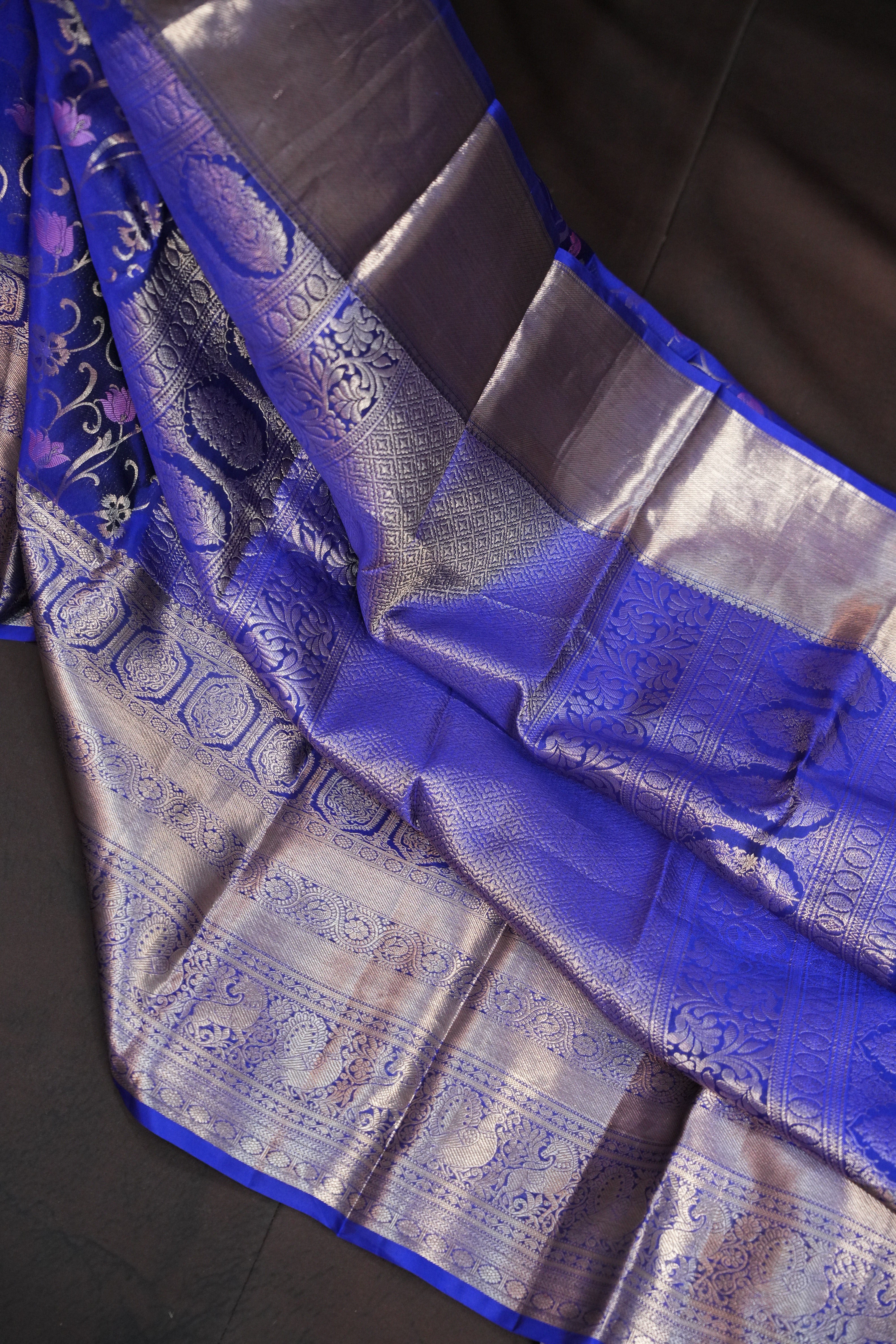 Royal Blue Kanchi Pattu Saree with Silver Zari Border