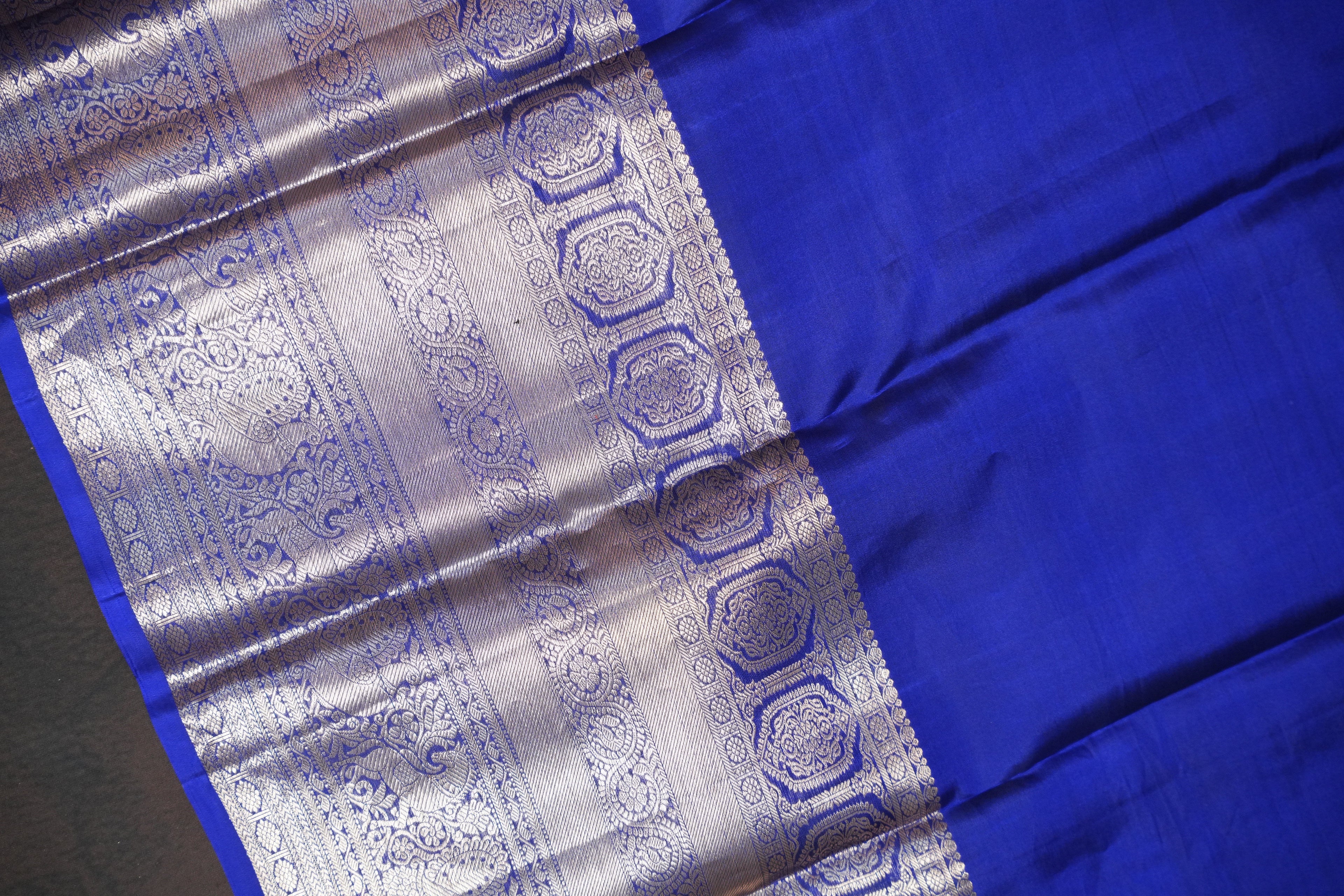 Royal Blue Kanchi Pattu Saree with Silver Zari Border