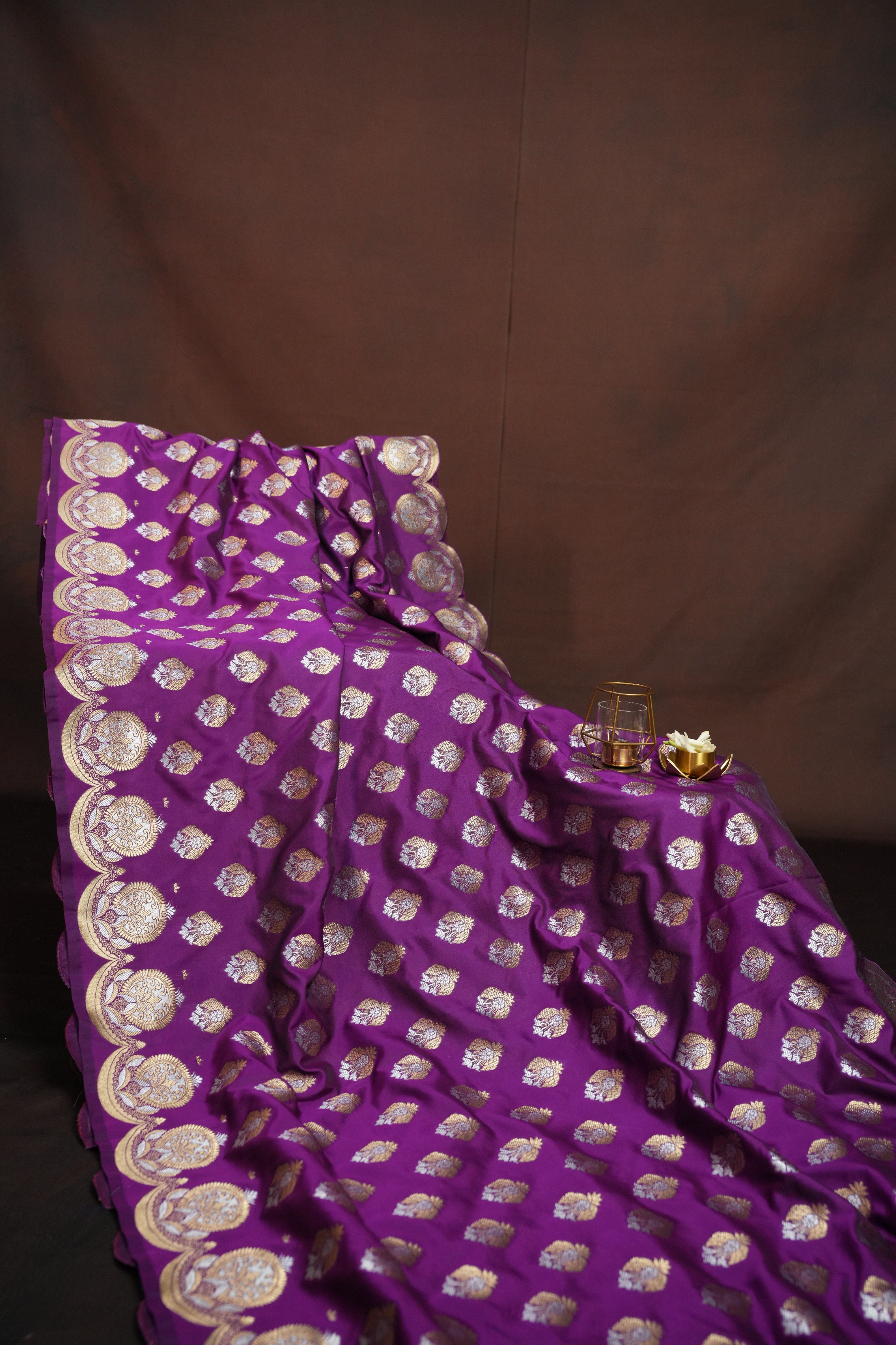 Purple Banaras Saree with Silver Zari Buttas