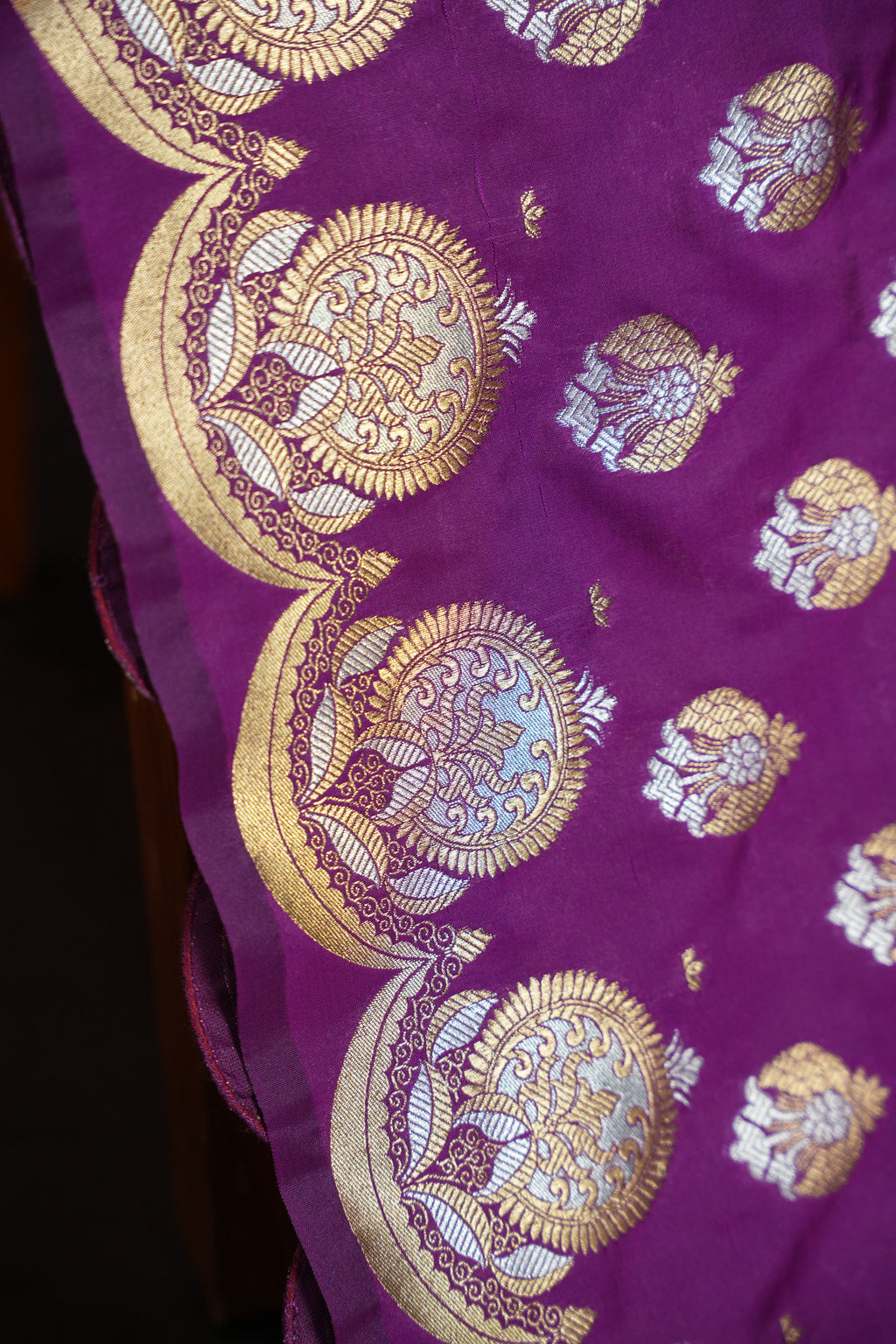 Purple Banaras Saree with Silver Zari Buttas