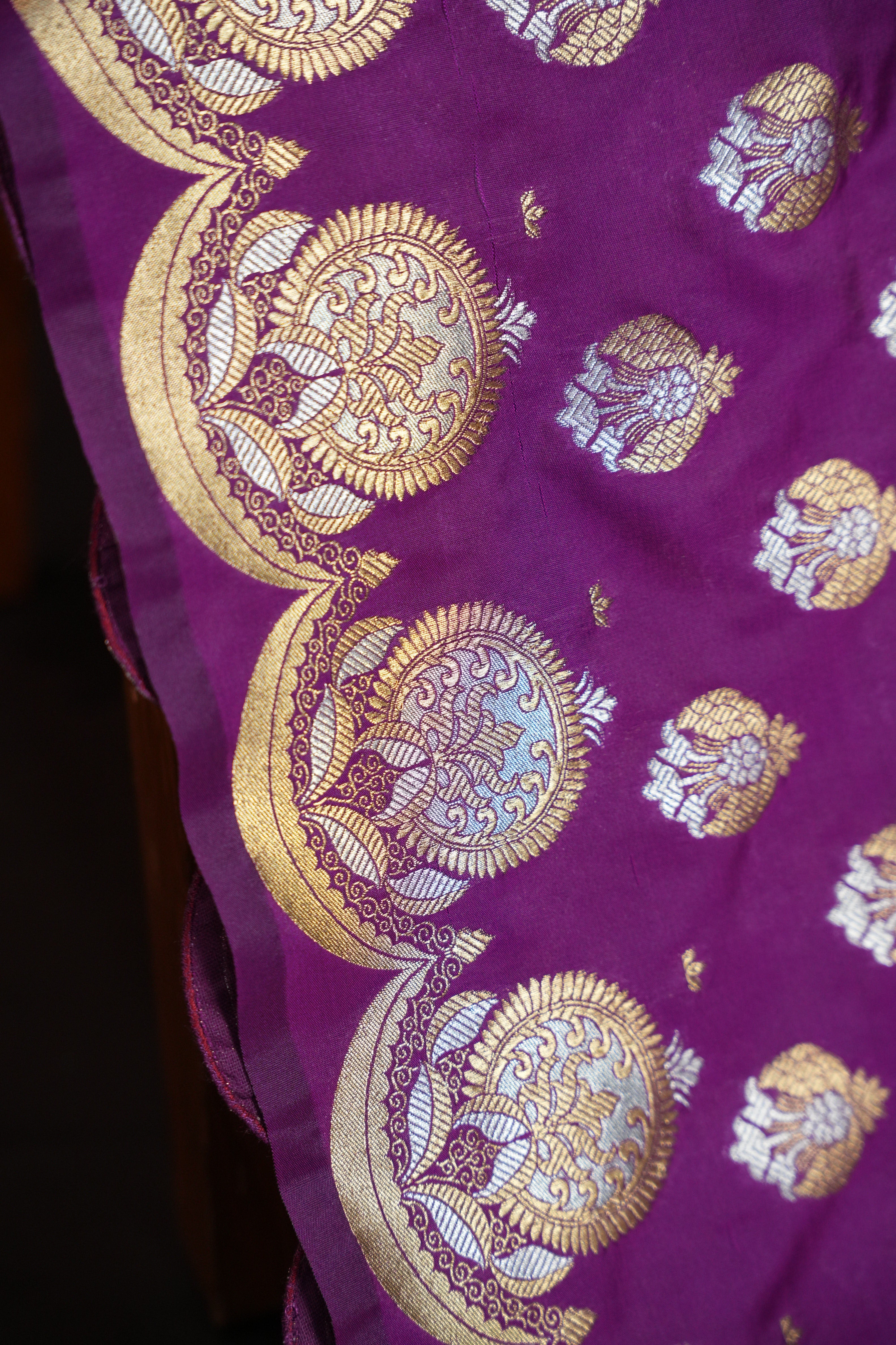 Purple Banaras Saree with Silver Zari Buttas