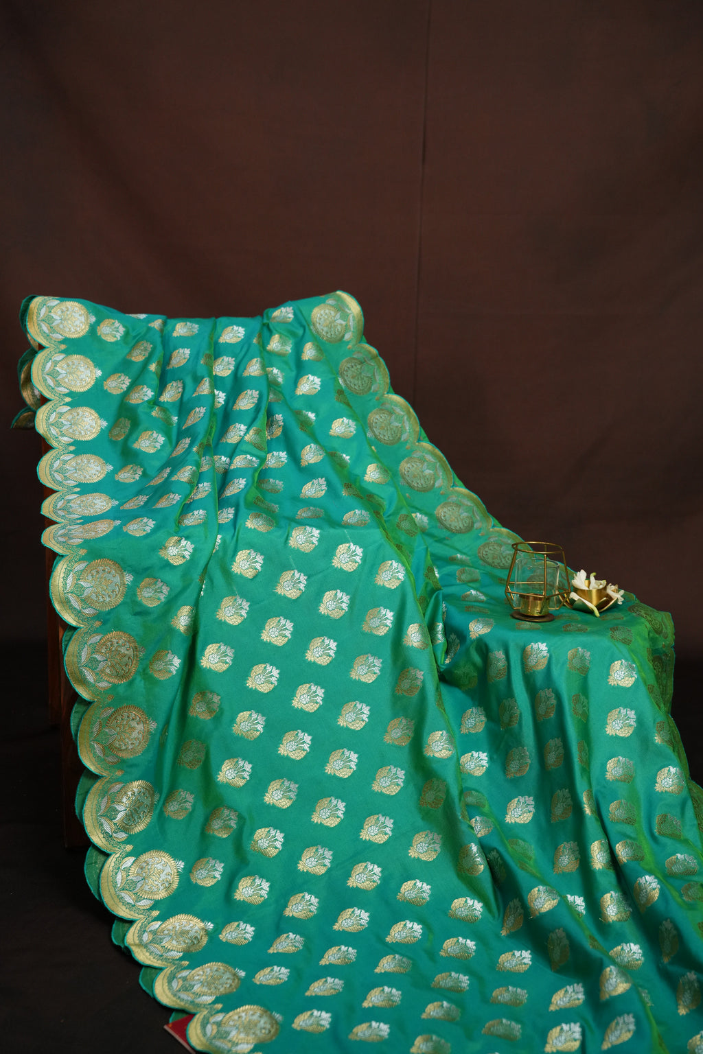 Emerald Green Banaras Saree with Silver Zari Buttas