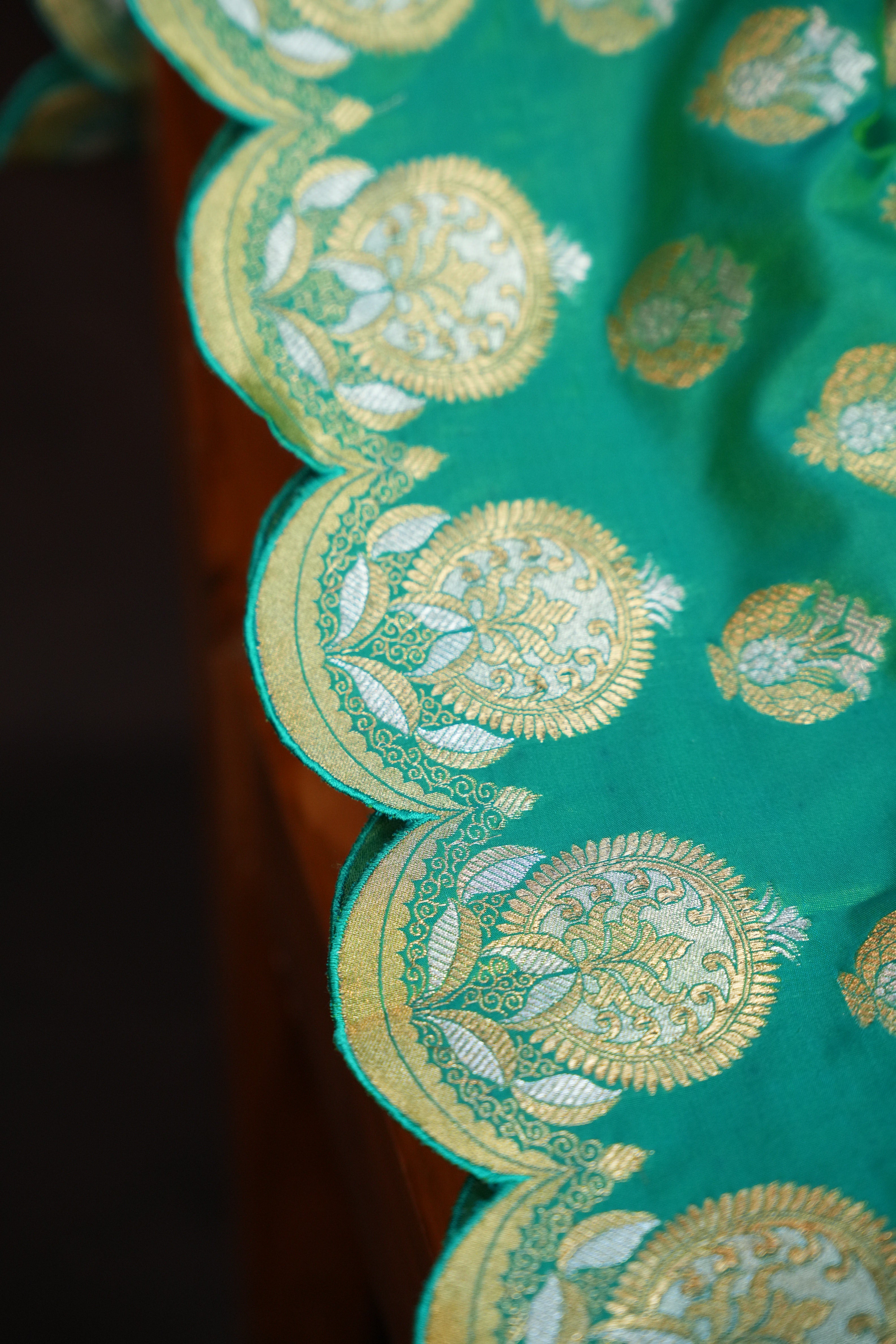 Emerald Green Banaras Saree with Silver Zari Buttas