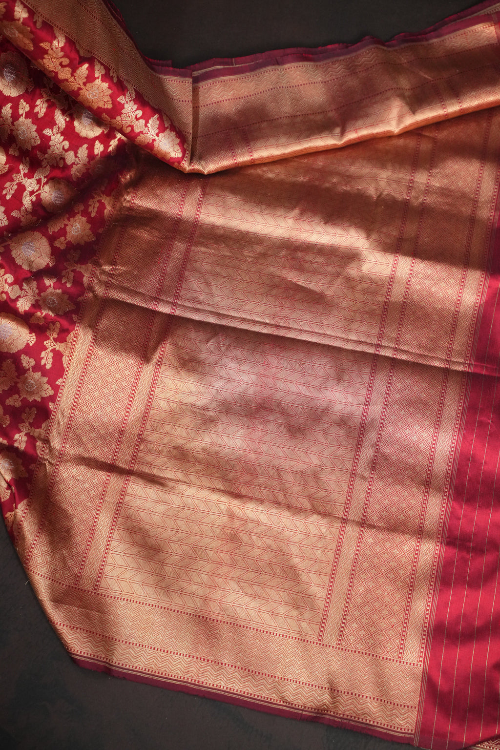 Maroon Banaras Saree with Floral Zari Weaving