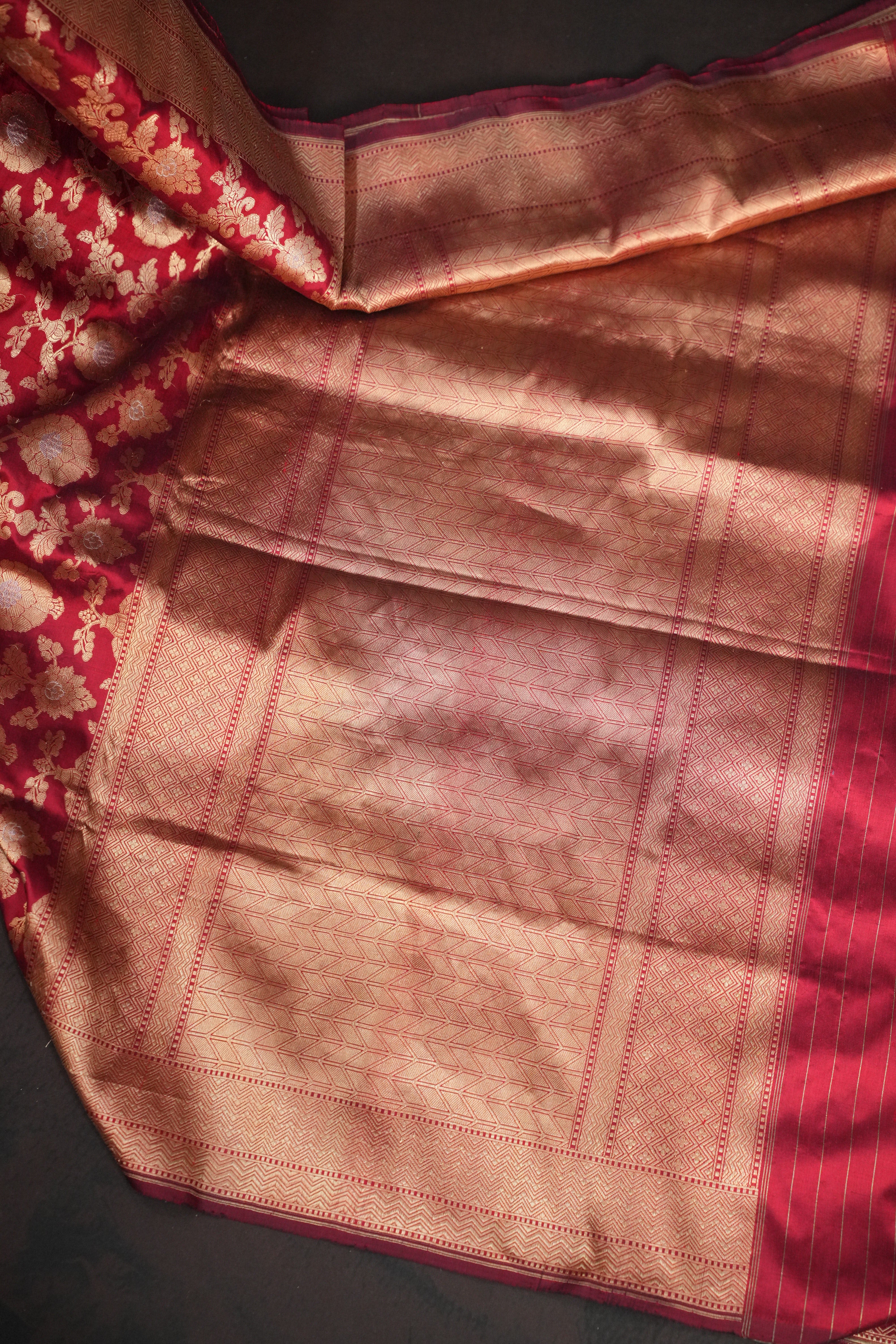 Maroon Banaras Saree with Floral Zari Weaving