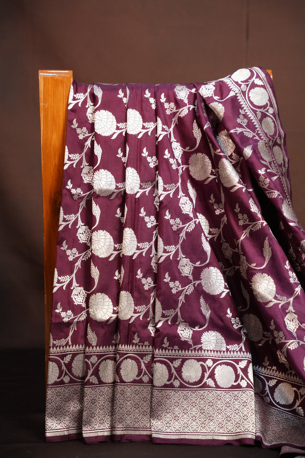 Wine Banaras Saree with Silver Floral Weaving