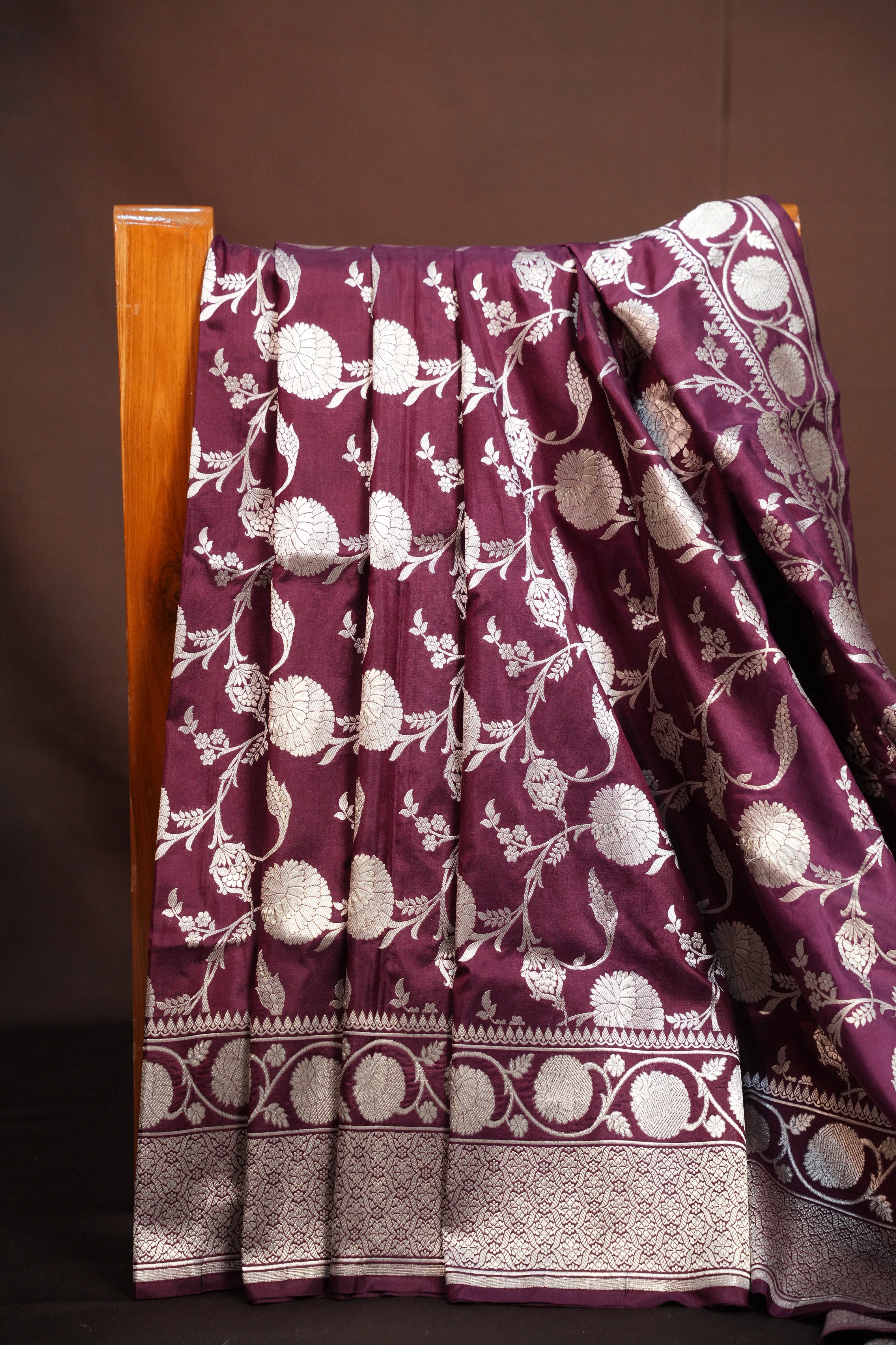 Wine Banaras Saree with Silver Floral Weaving