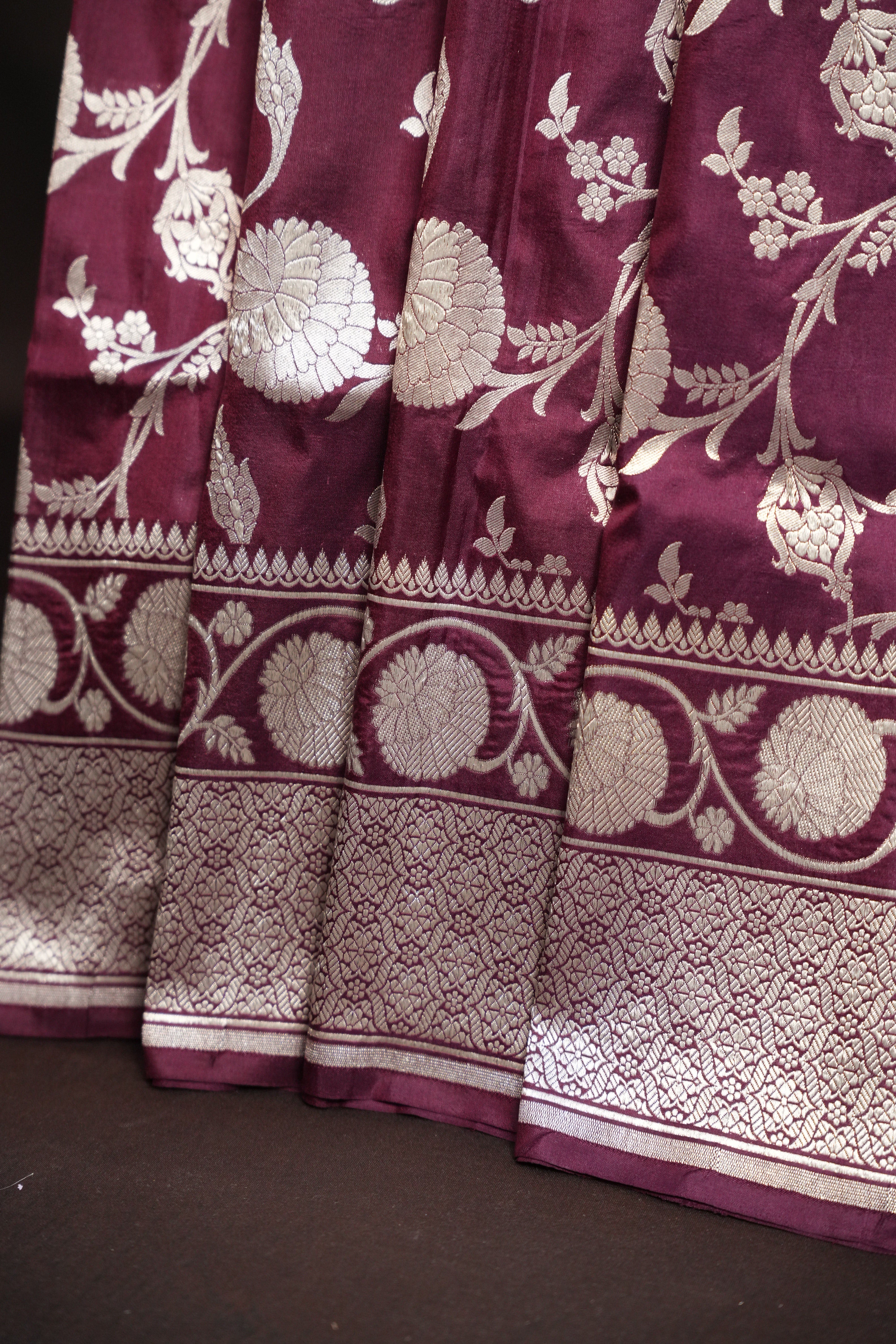 Wine Banaras Saree with Silver Floral Weaving