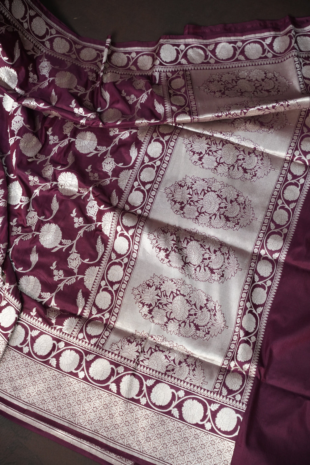 Wine Banaras Saree with Silver Floral Weaving