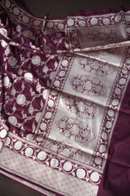 Wine Banaras Saree with Silver Floral Weaving