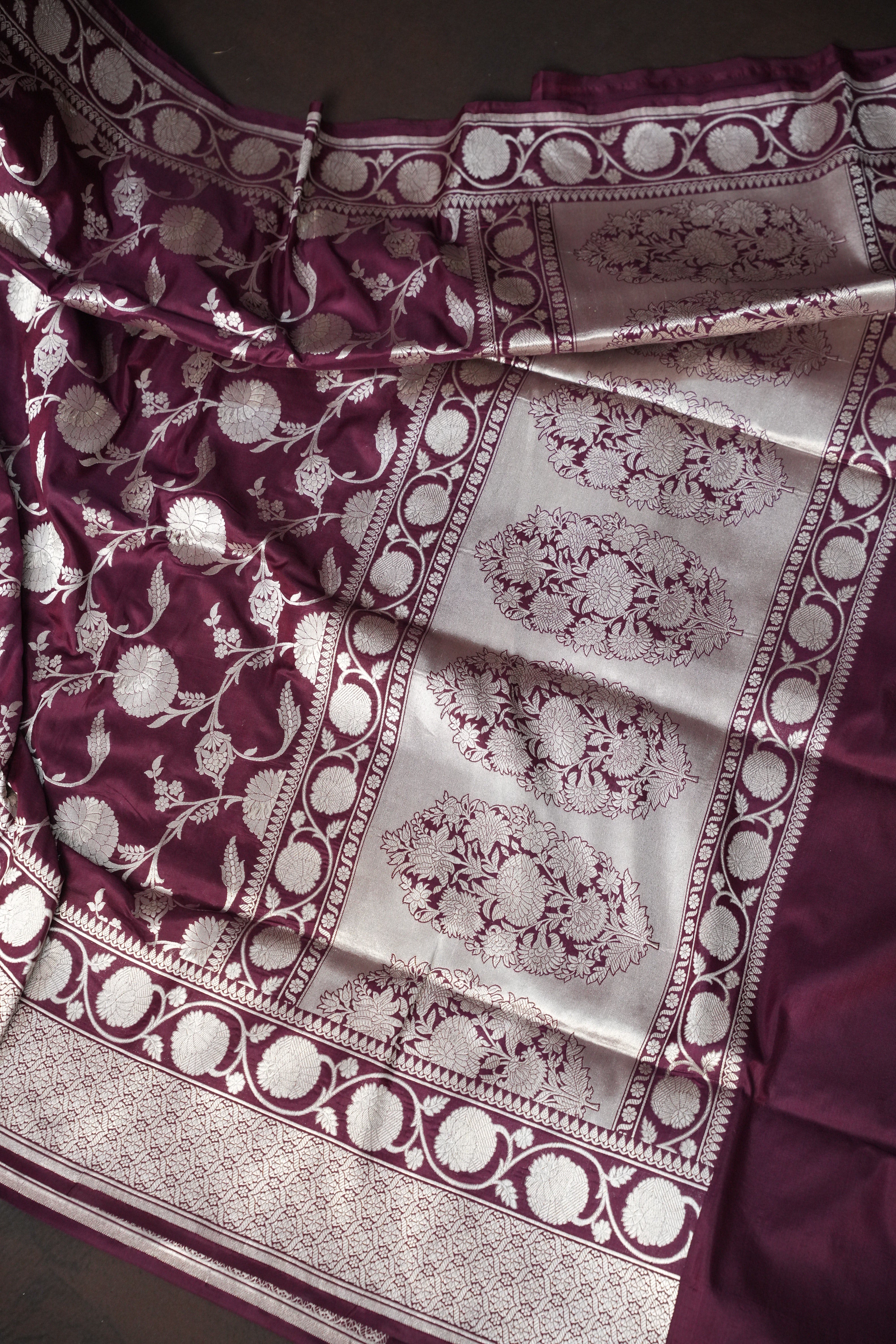 Wine Banaras Saree with Silver Floral Weaving