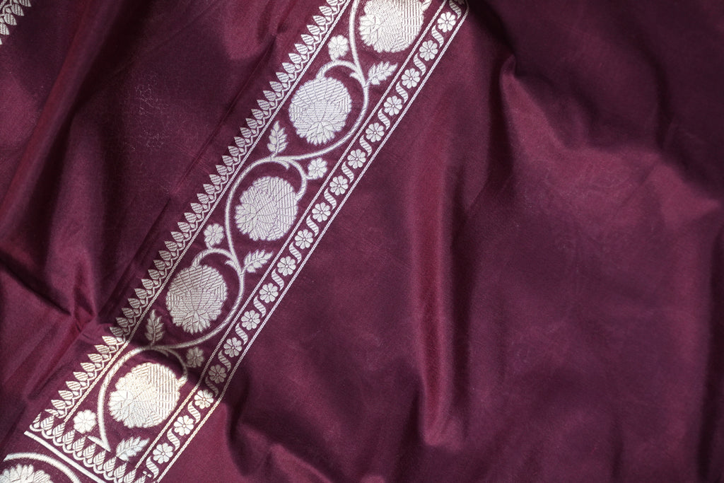 Wine Banaras Saree with Silver Floral Weaving