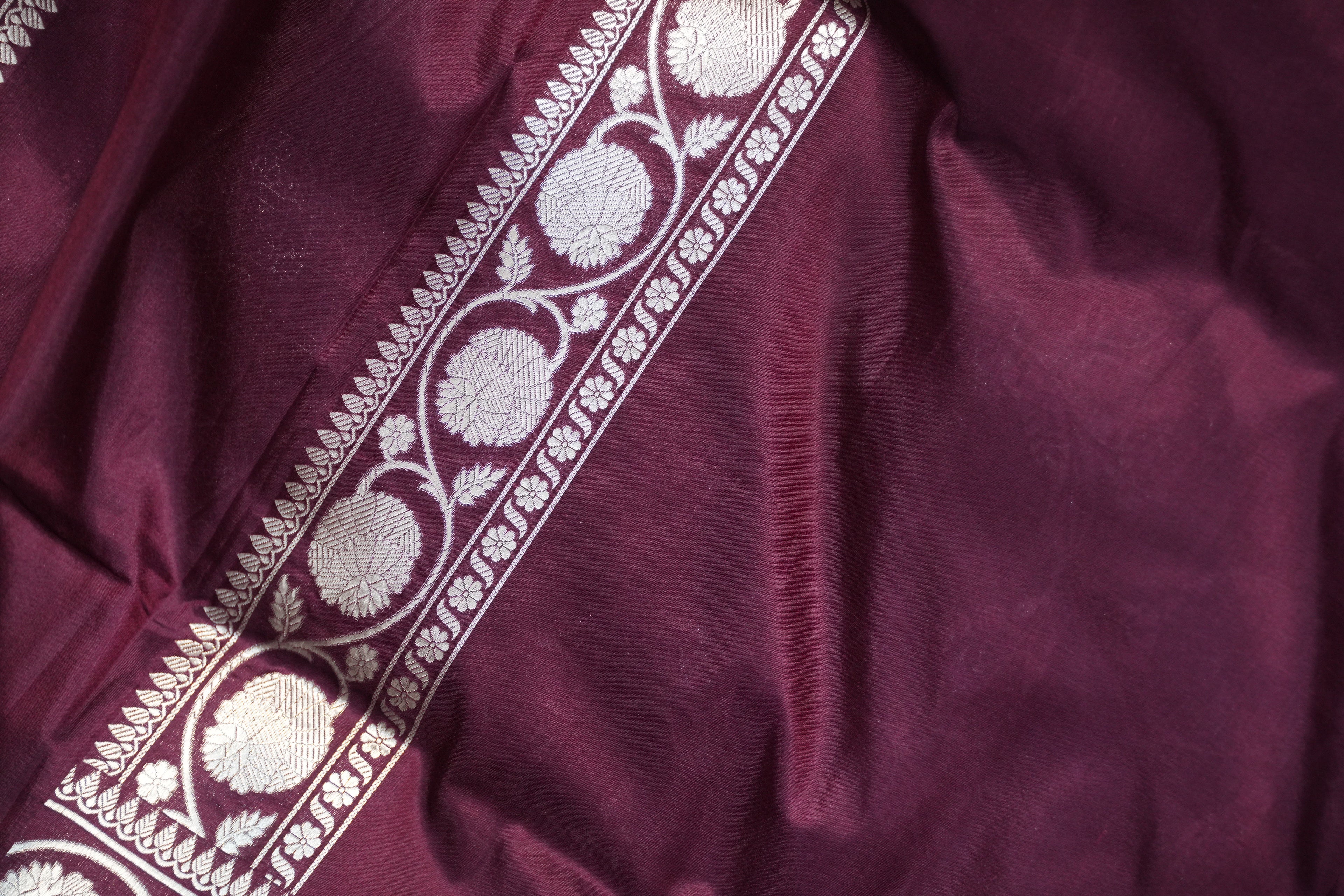 Wine Banaras Saree with Silver Floral Weaving