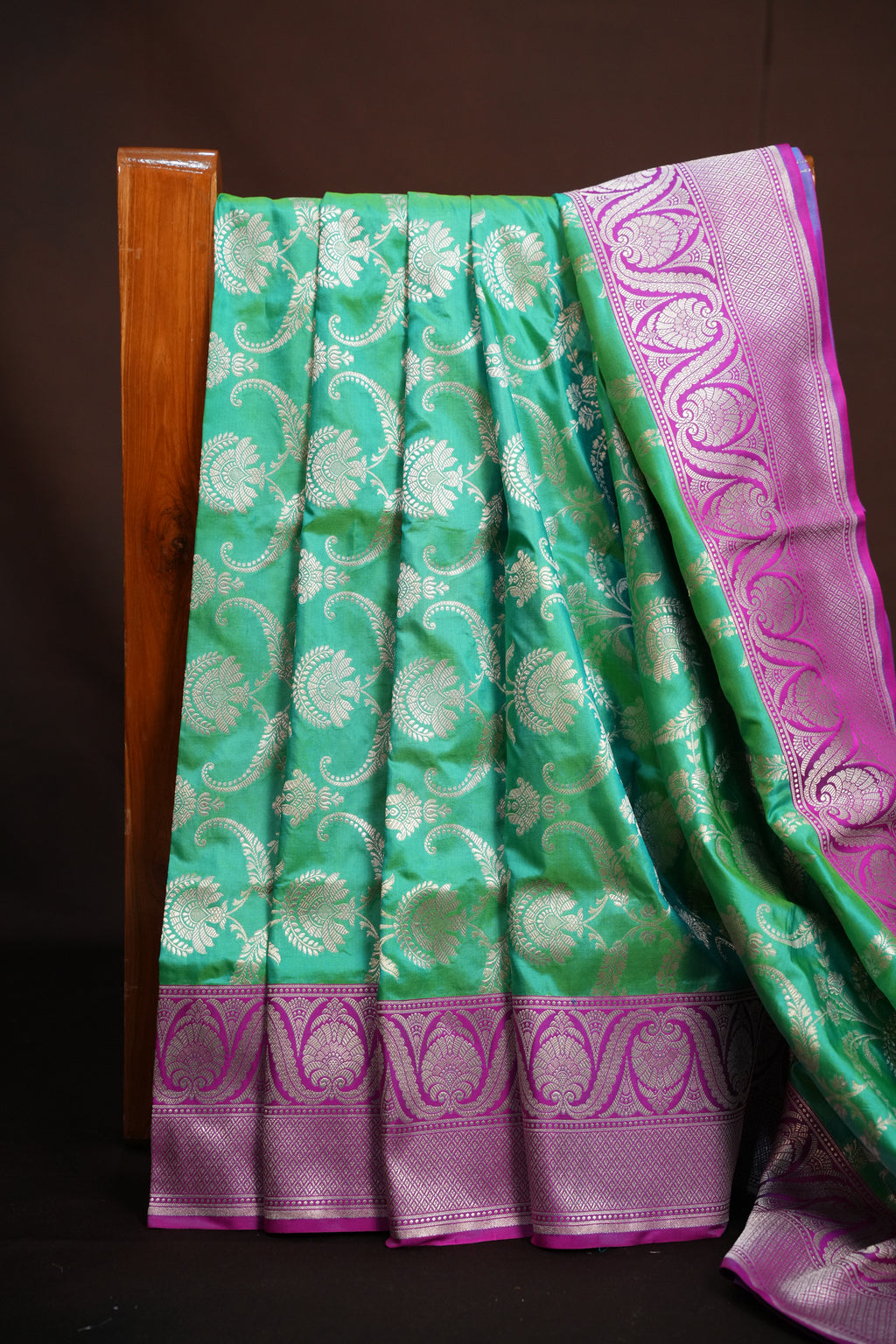Mint Green Banaras Saree with Pink Zari Border