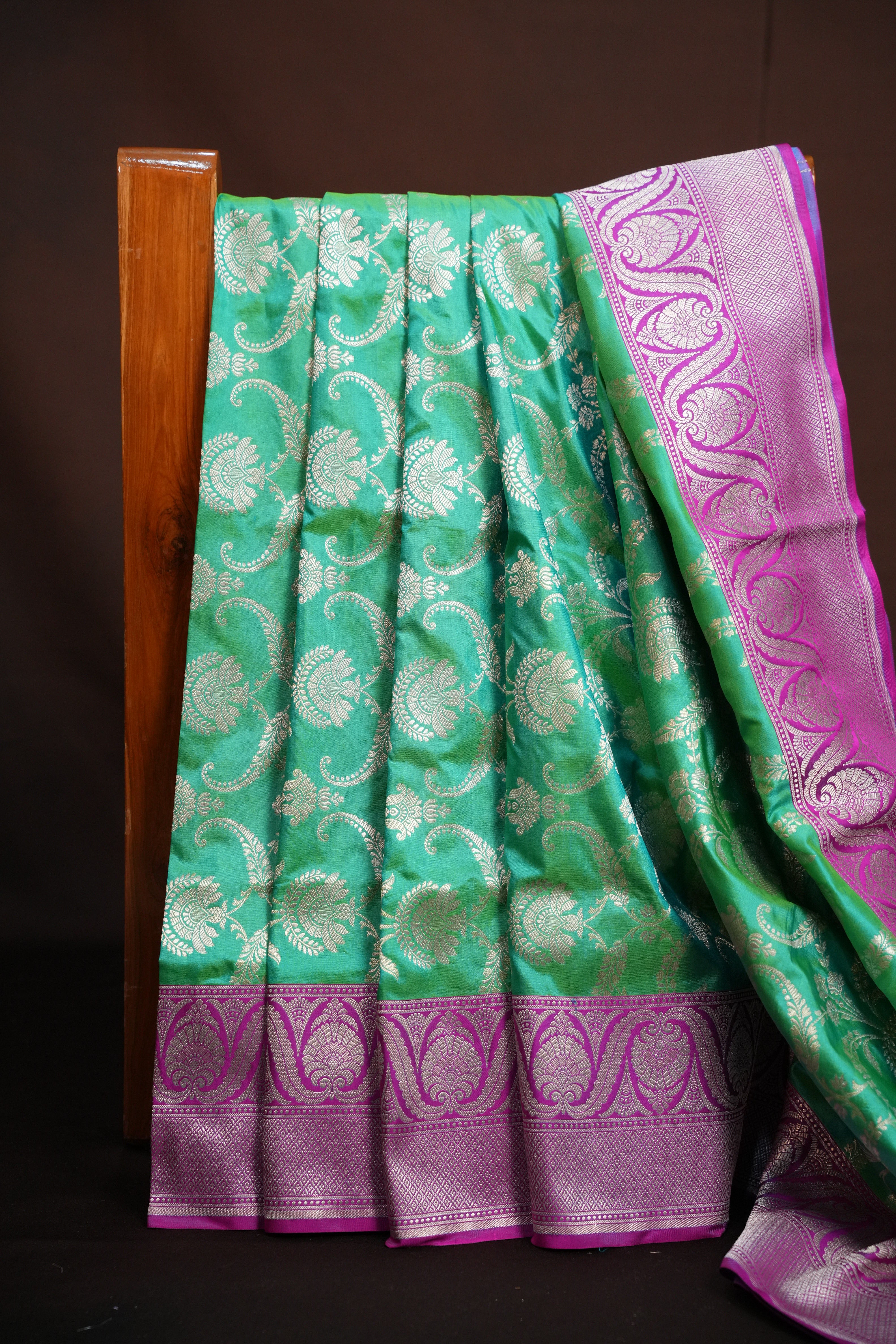 Mint Green Banaras Saree with Pink Zari Border