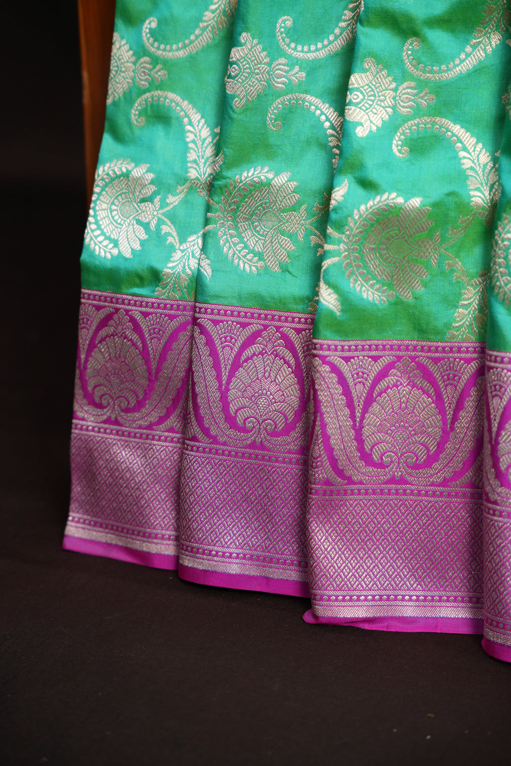 Mint Green Banaras Saree with Pink Zari Border