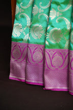 Mint Green Banaras Saree with Pink Zari Border