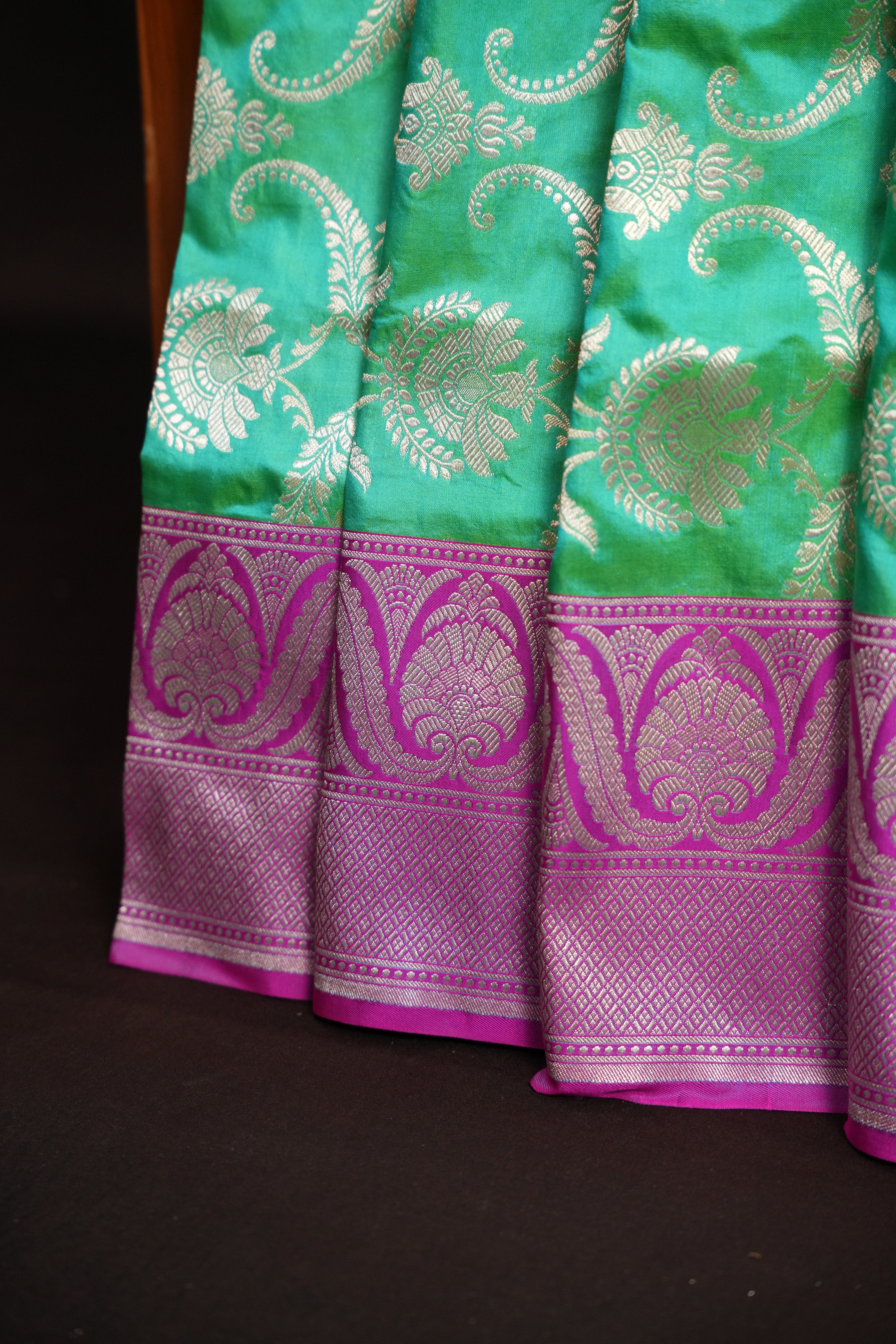 Mint Green Banaras Saree with Pink Zari Border