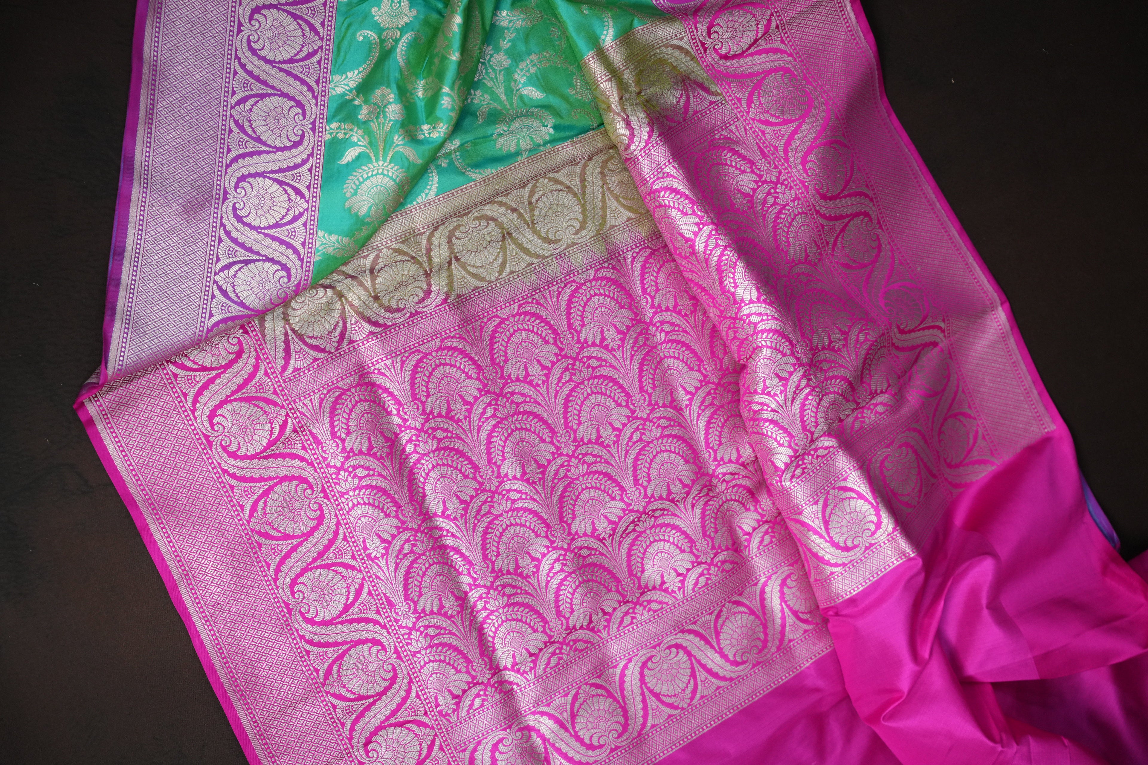 Mint Green Banaras Saree with Pink Zari Border