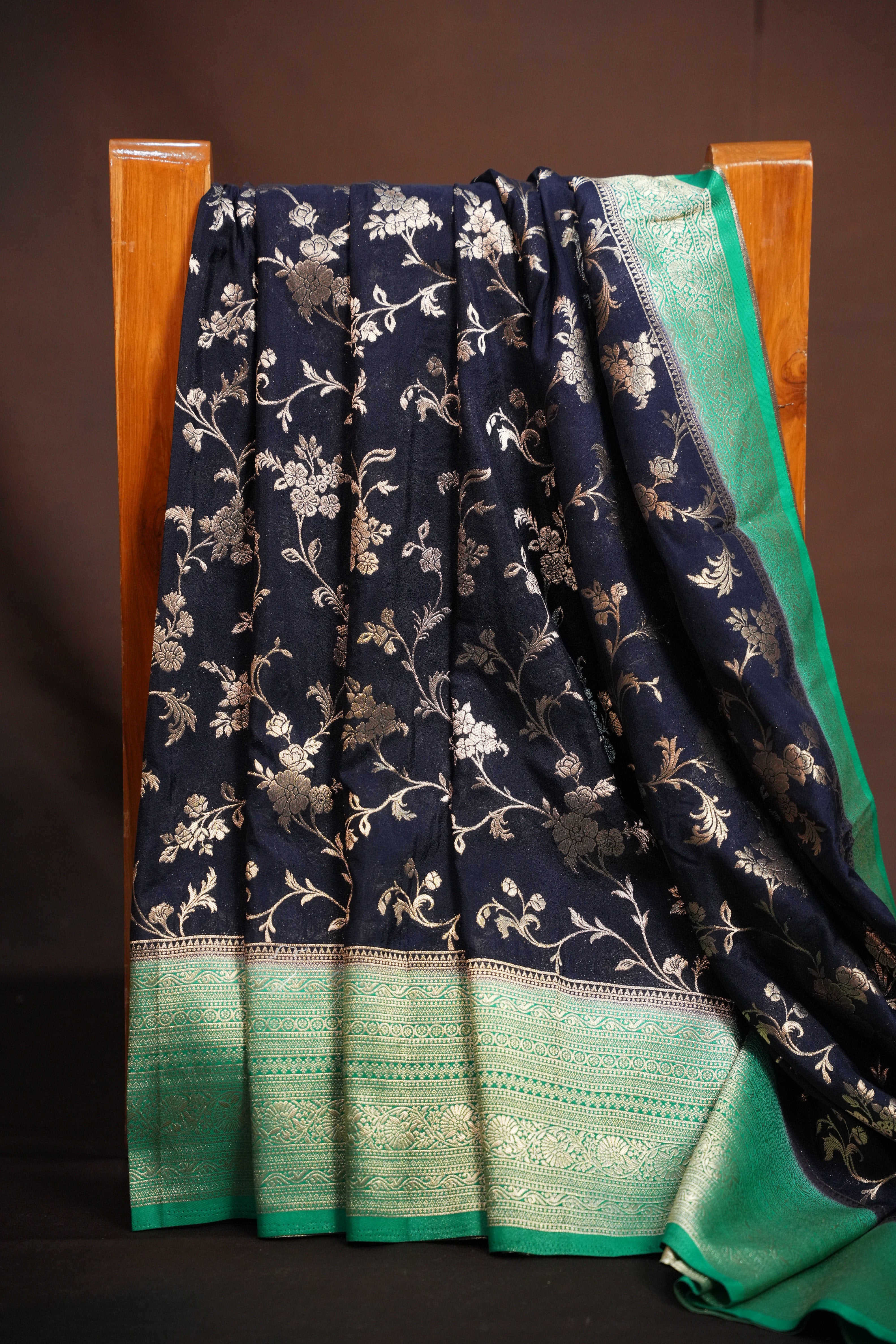 Navy Blue Fancy Banaras Saree with Silver Floral Weaving