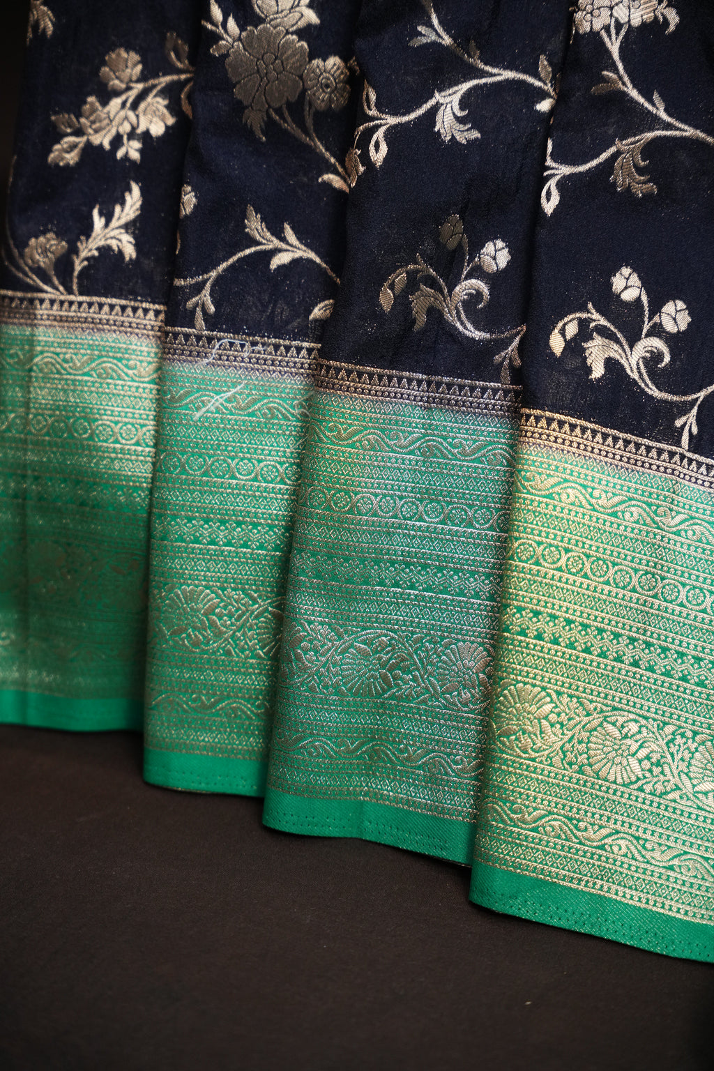 Navy Blue Fancy Banaras Saree with Silver Floral Weaving