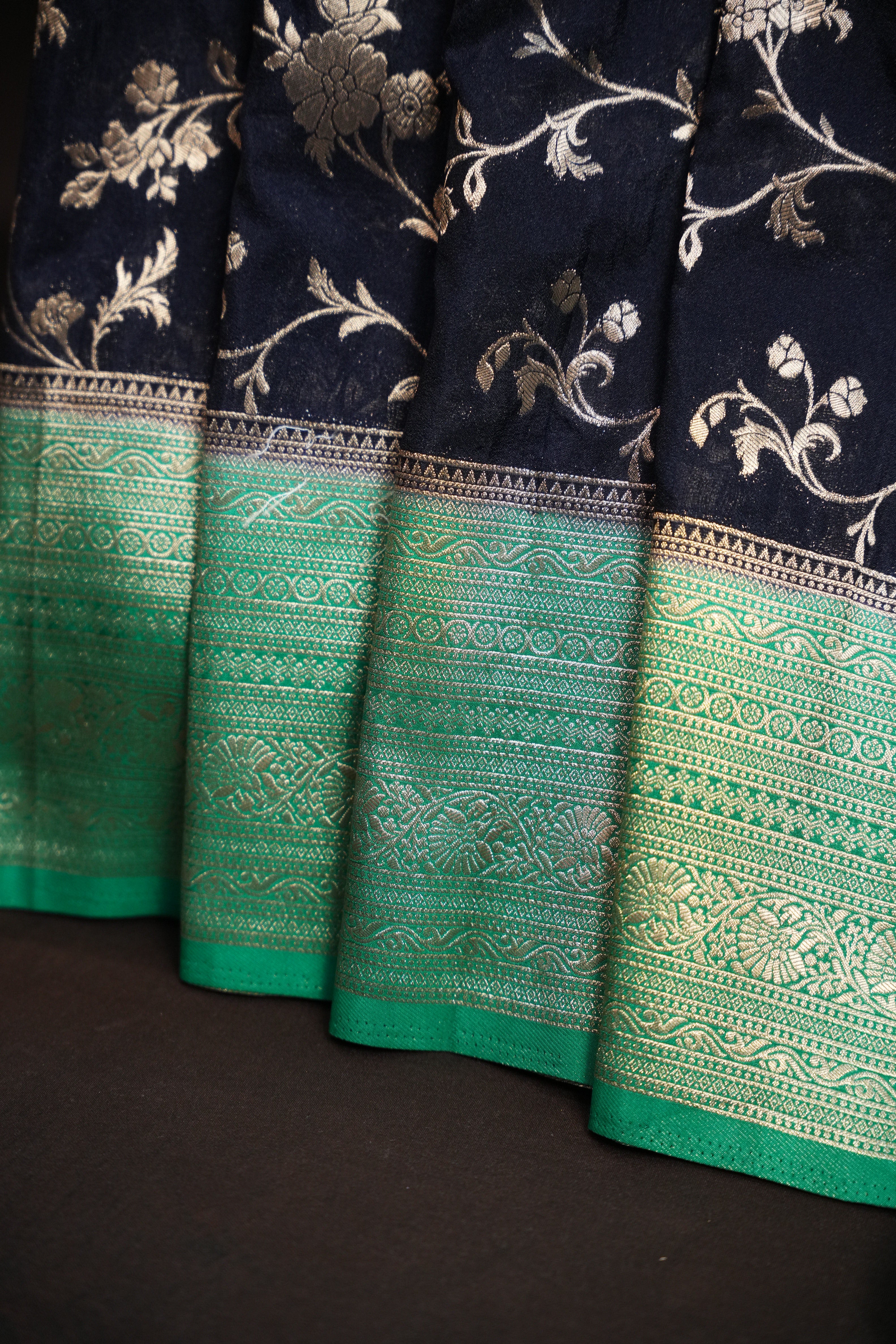 Navy Blue Fancy Banaras Saree with Silver Floral Weaving
