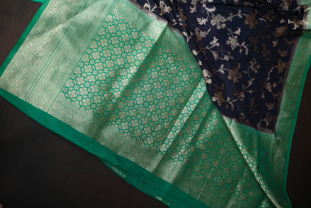 Navy Blue Fancy Banaras Saree with Silver Floral Weaving