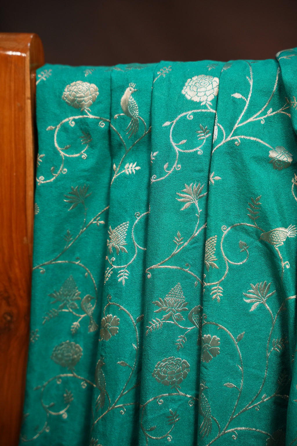 Turquoise Fancy Banaras Saree with Silver Bird & Floral Weaving