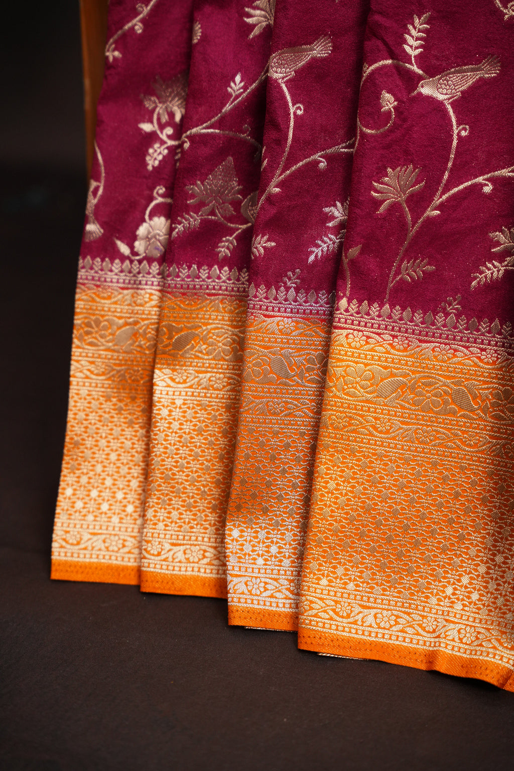Wine Purple Fancy Banaras Saree with Silver Bird Weaving