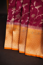 Wine Purple Fancy Banaras Saree with Silver Bird Weaving