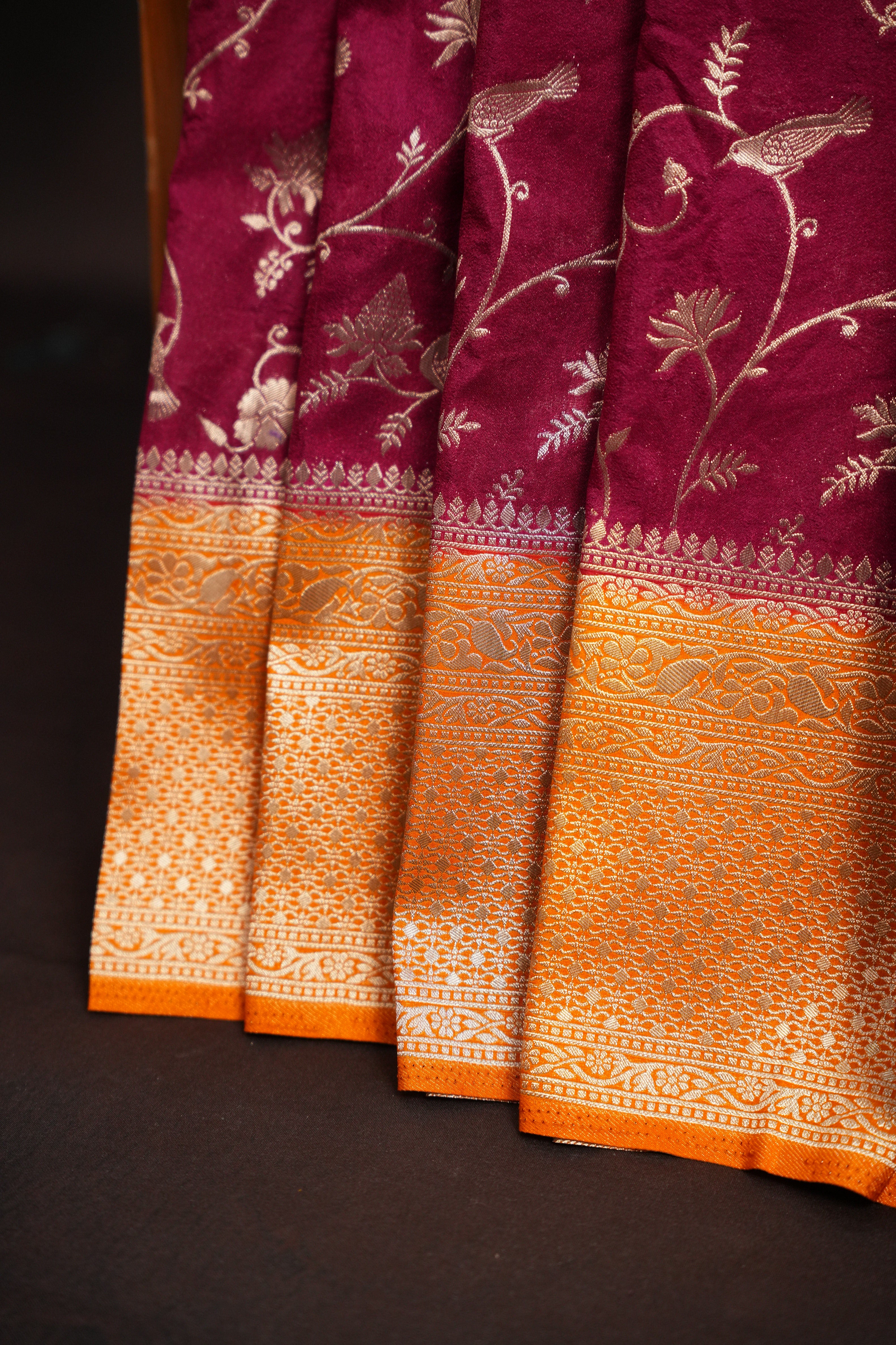 Wine Purple Fancy Banaras Saree with Silver Bird Weaving
