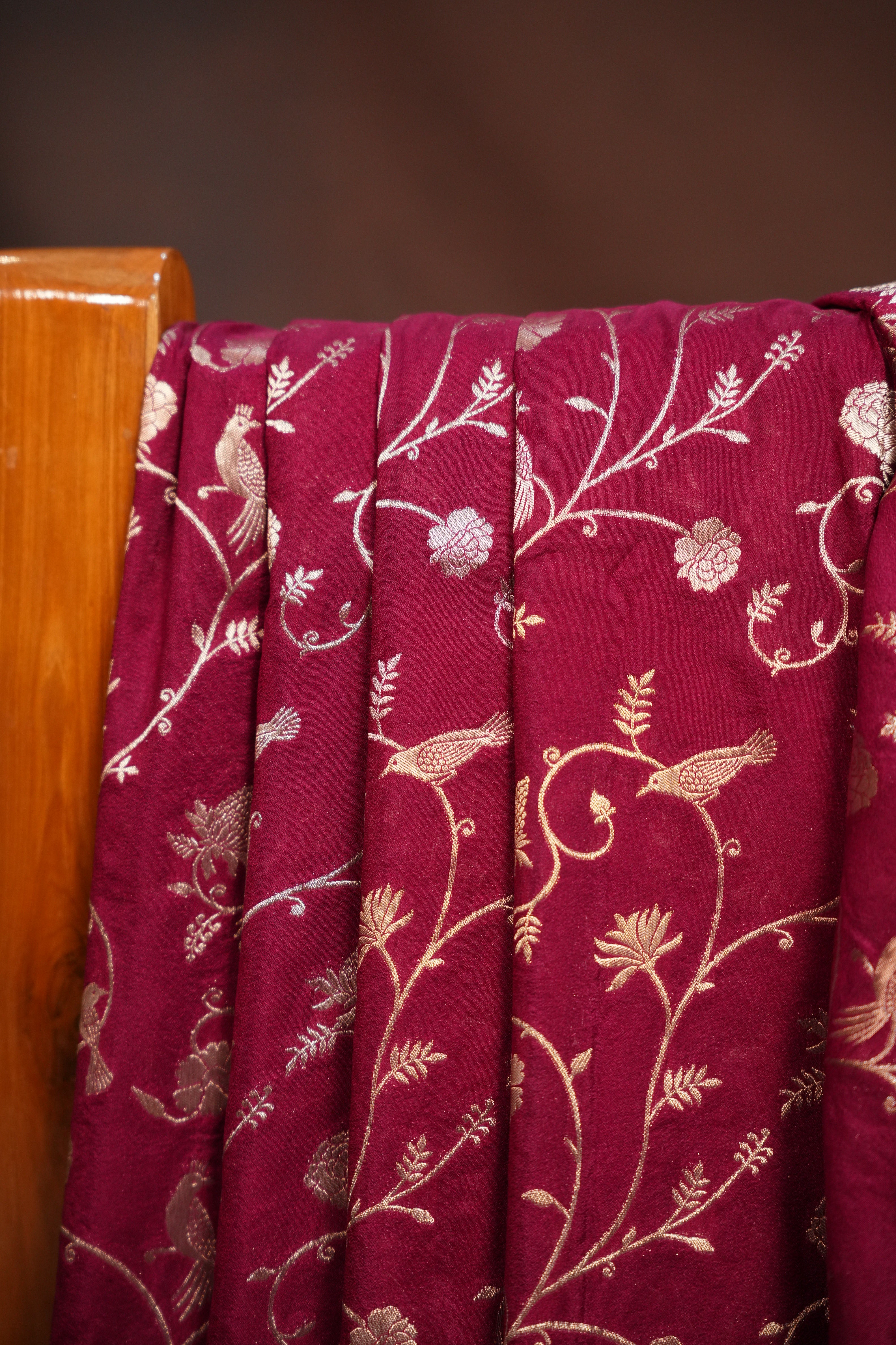 Wine Purple Fancy Banaras Saree with Silver Bird Weaving