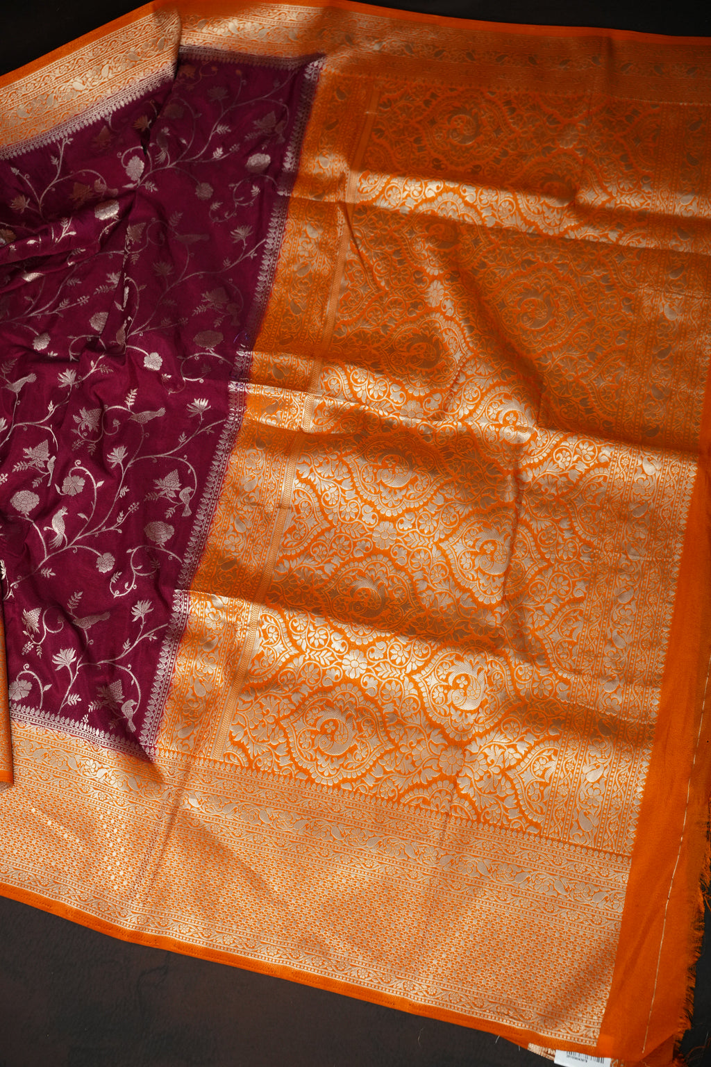 Wine Purple Fancy Banaras Saree with Silver Bird Weaving