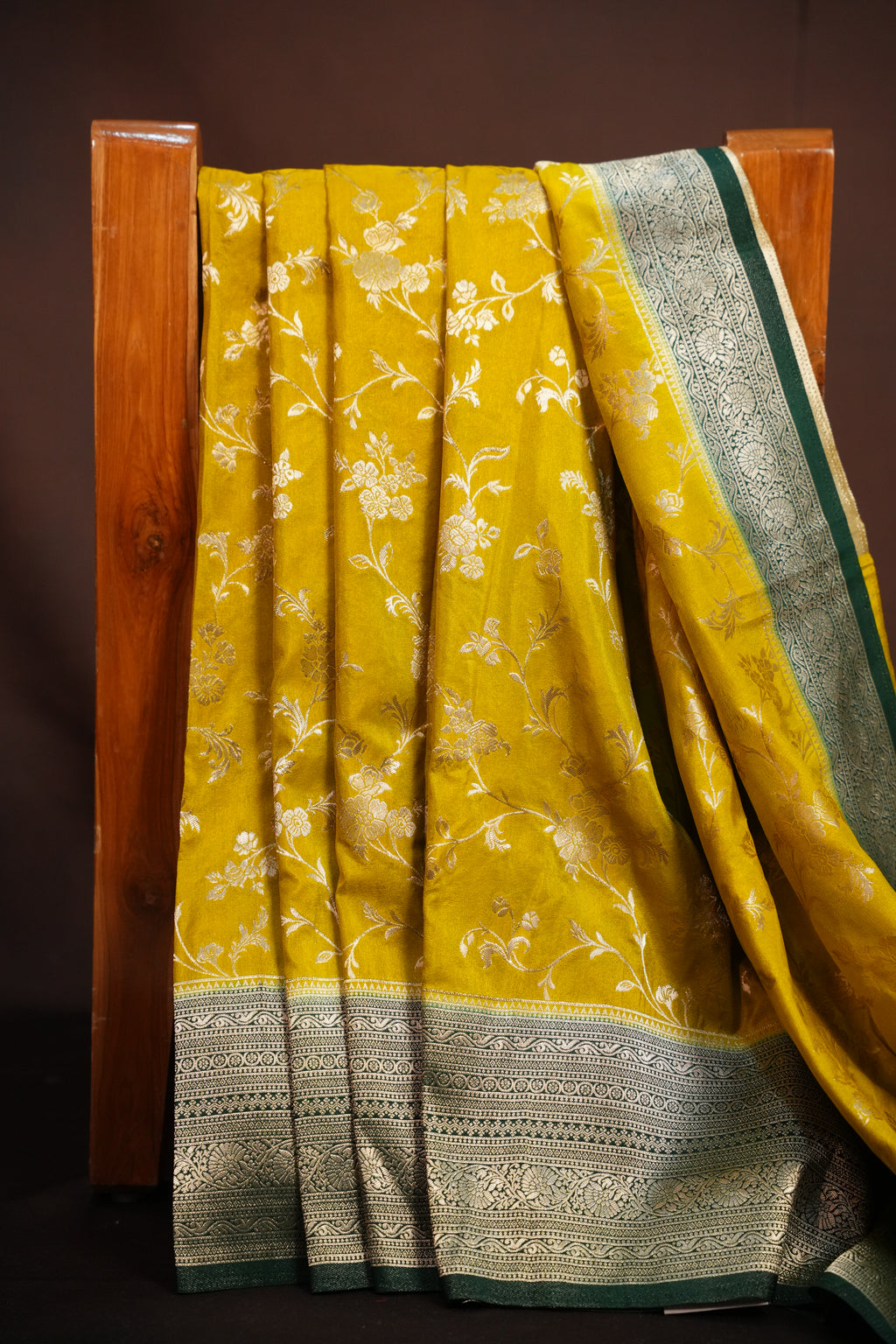 Mustard Yellow Fancy Banaras Saree with Silver Floral Weaving