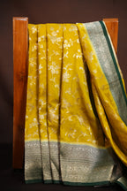 Mustard Yellow Fancy Banaras Saree with Silver Floral Weaving